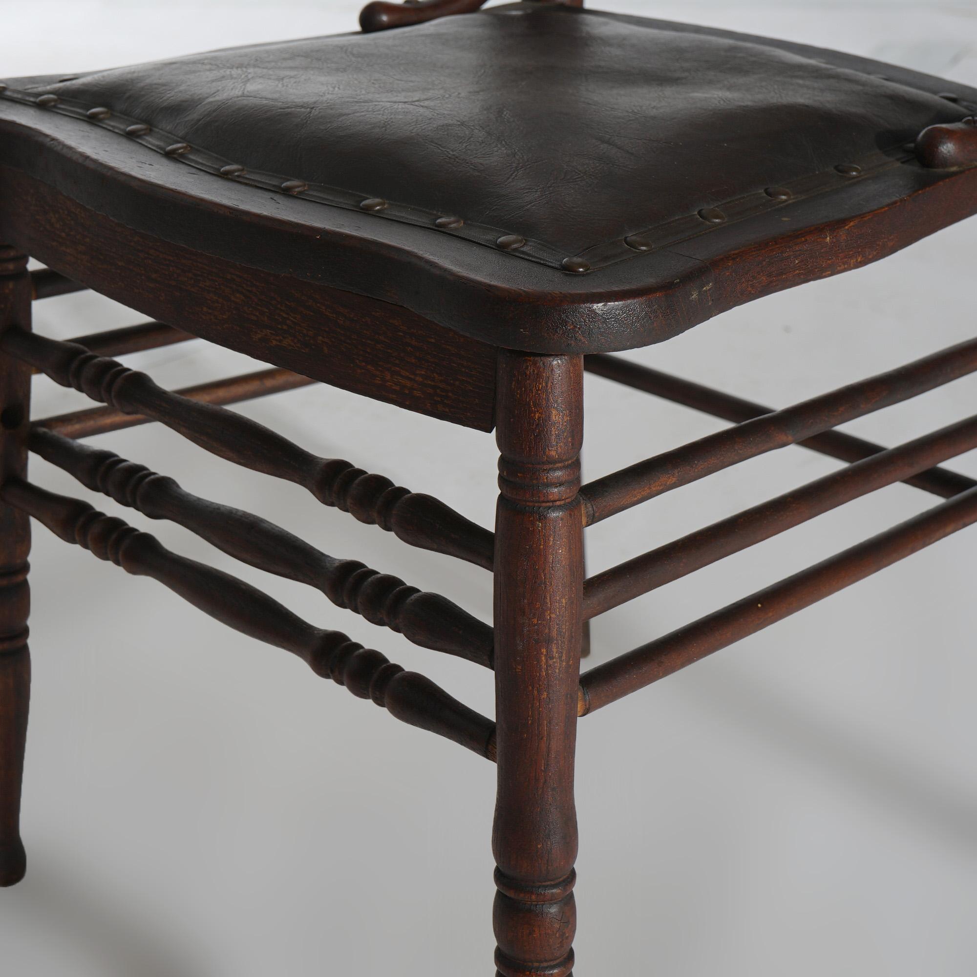 Six Antique Oak Larkin Reverse Heart Shape Spindle & Pressed Back Dining Chairs 3
