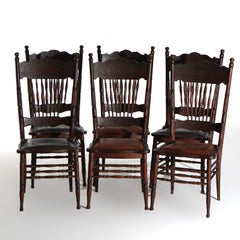 Six Antique Oak Larkin Reverse Heart Shape Spindle & Pressed Back Dining Chairs