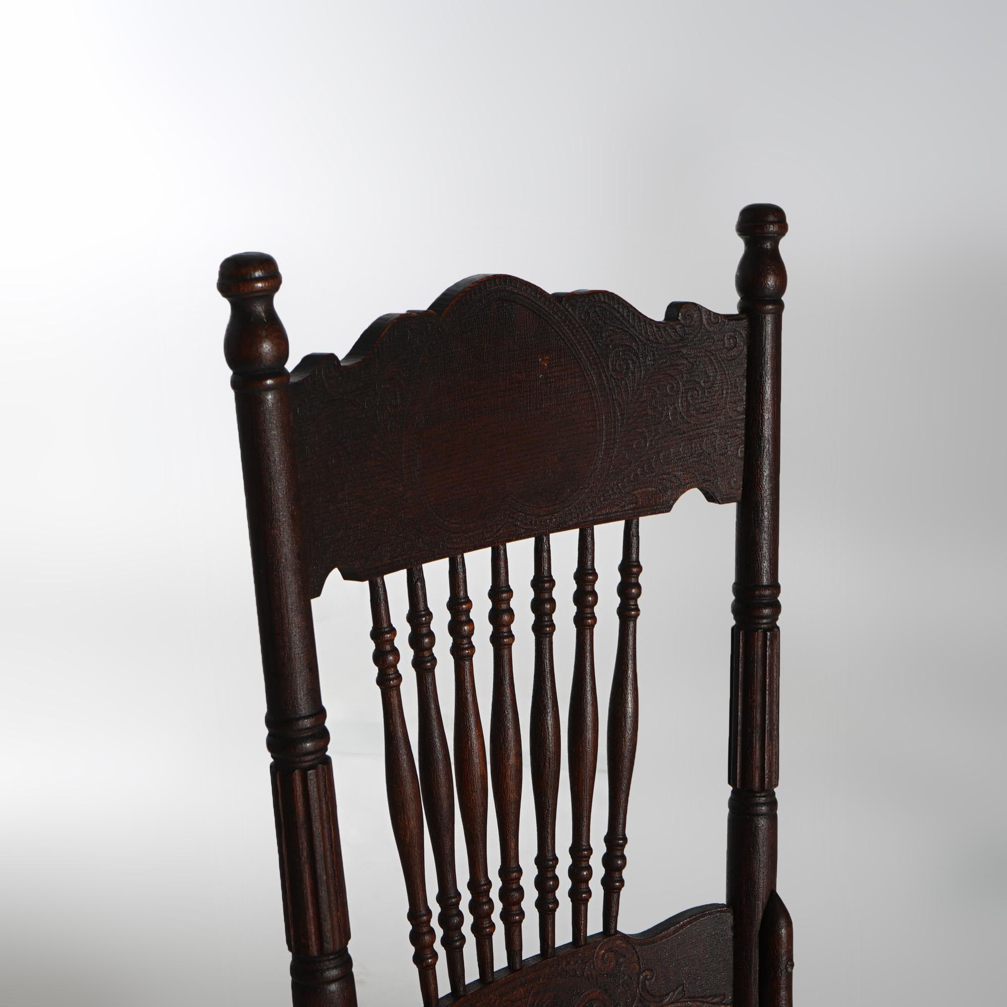 American Six Antique Oak Larkin Reverse Heart Shape Spindle & Pressed Back Dining Chairs