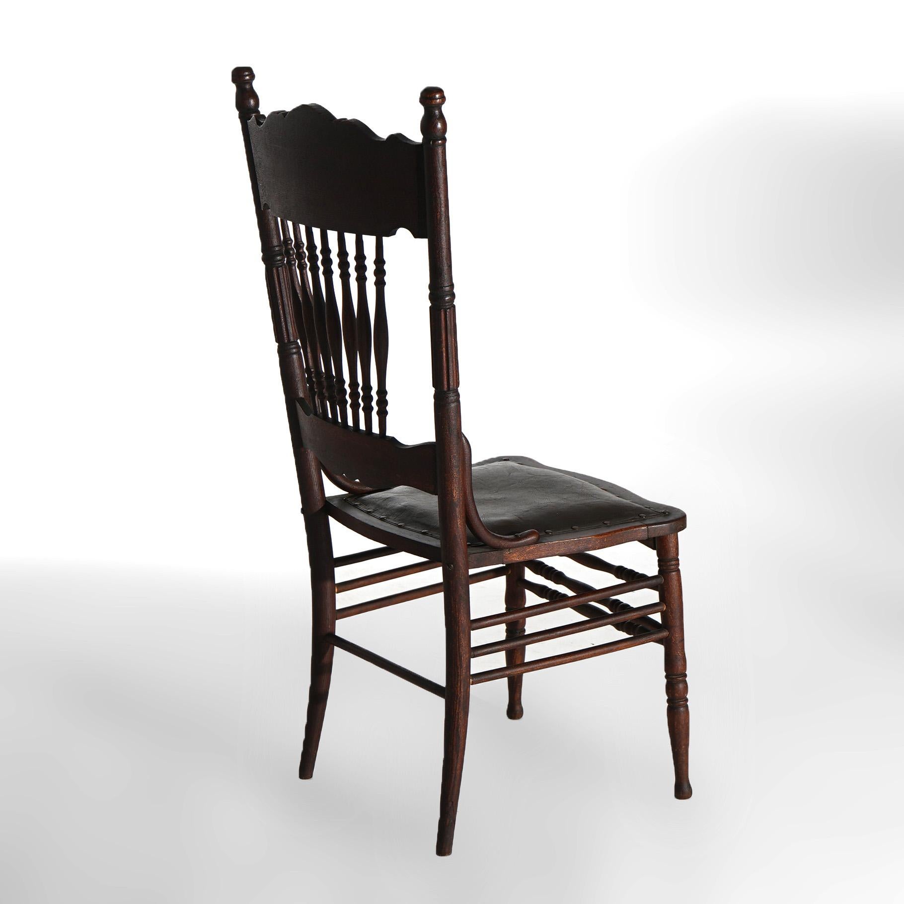 Six Antique Oak Larkin Reverse Heart Shape Spindle & Pressed Back Dining Chairs In Good Condition For Sale In Big Flats, NY
