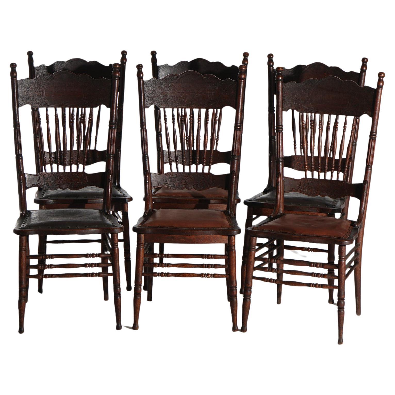 Six Antique Oak Larkin Reverse Heart Shape Spindle & Pressed Back Dining Chairs For Sale