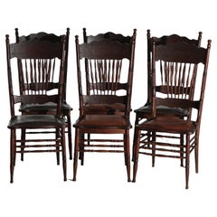 Six Antique Oak Larkin Reverse Heart Shape Spindle & Pressed Back Dining Chairs