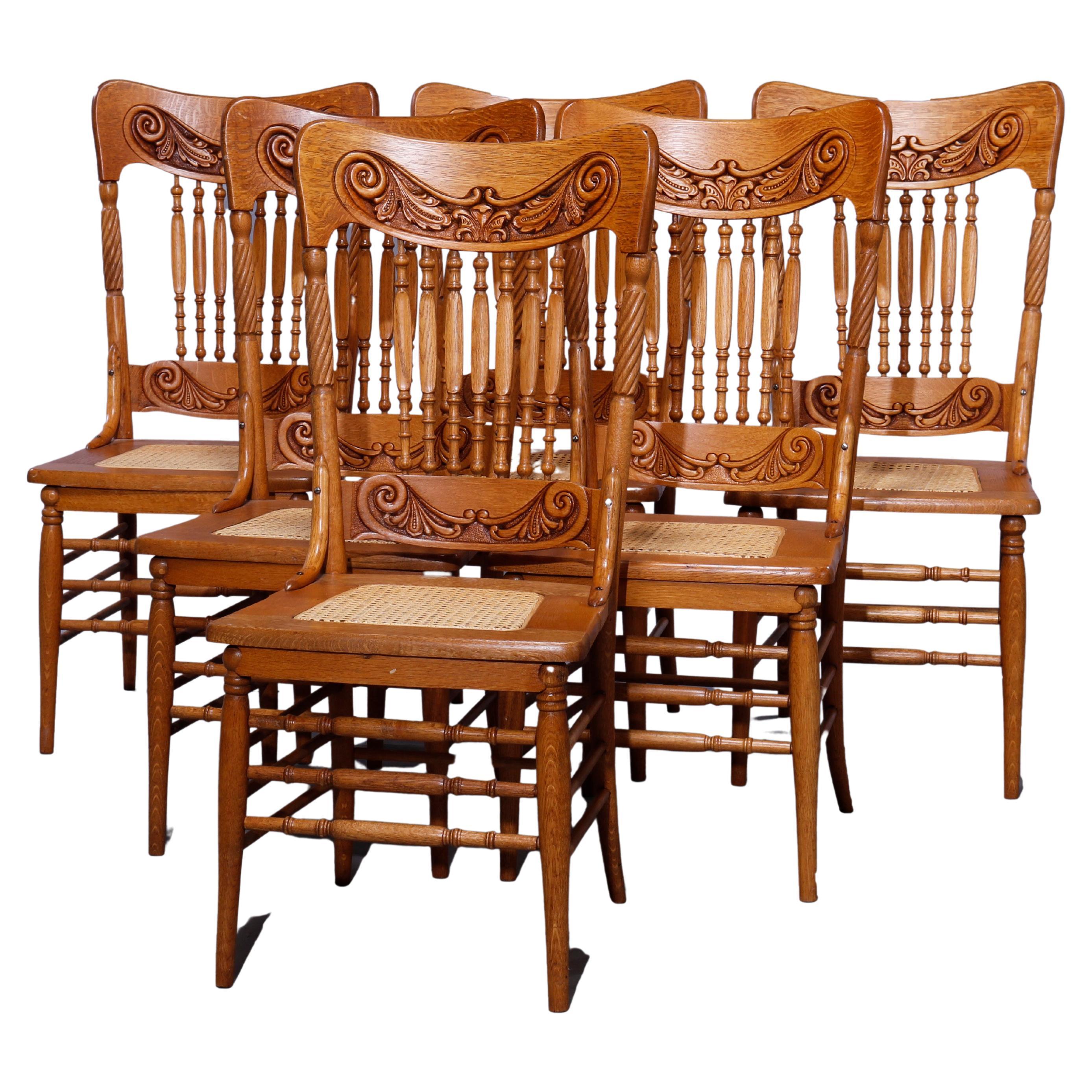 Six Antique Oak Spindle & Pressed Back Cane Seat Dining Chairs, c1910