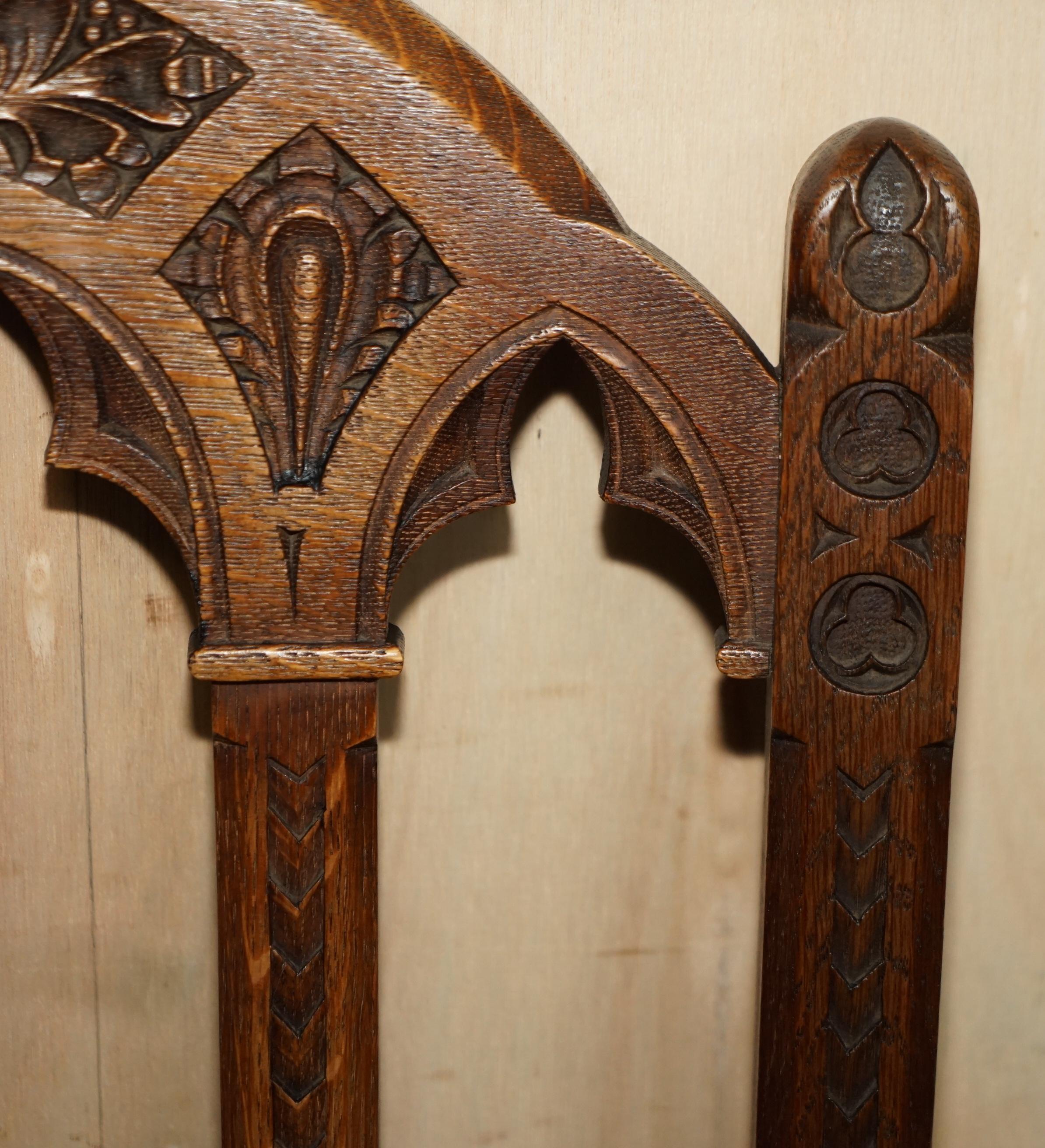 SIX ANTIQUE ORNATELY CARVED STEEPLE BACK WALNUT GOTHIC REVIVAL DiNING CHAIRS For Sale 3