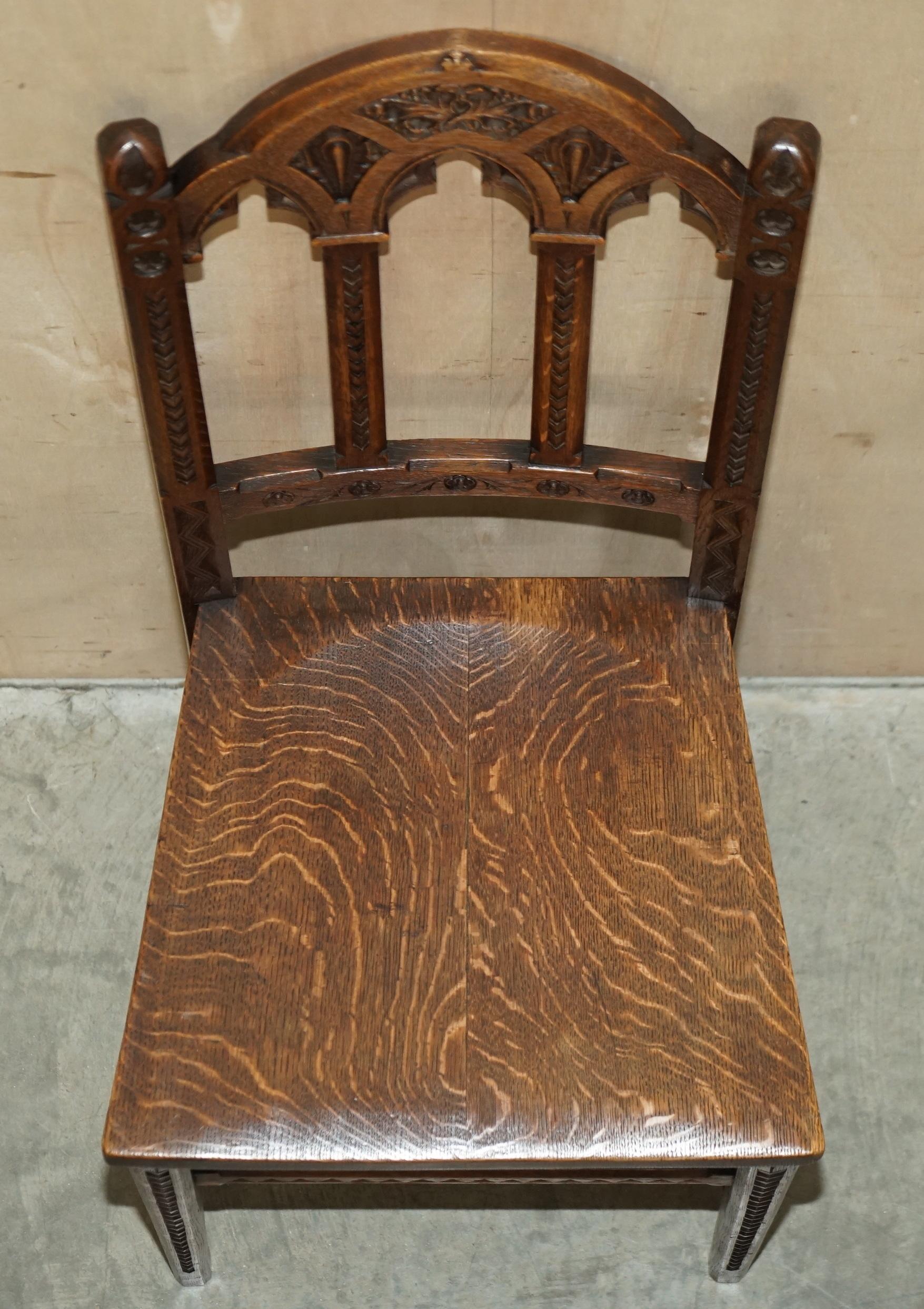 SIX ANTIQUE ORNATELY CARVED STEEPLE BACK WALNUT GOTHIC REVIVAL DiNING CHAIRS For Sale 8