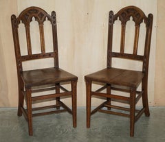 SIX ANTIQUE ORNATELY CARVED STEEPLE BACK WALNUT GOTHIC REVIVAL DiNING CHAIRS