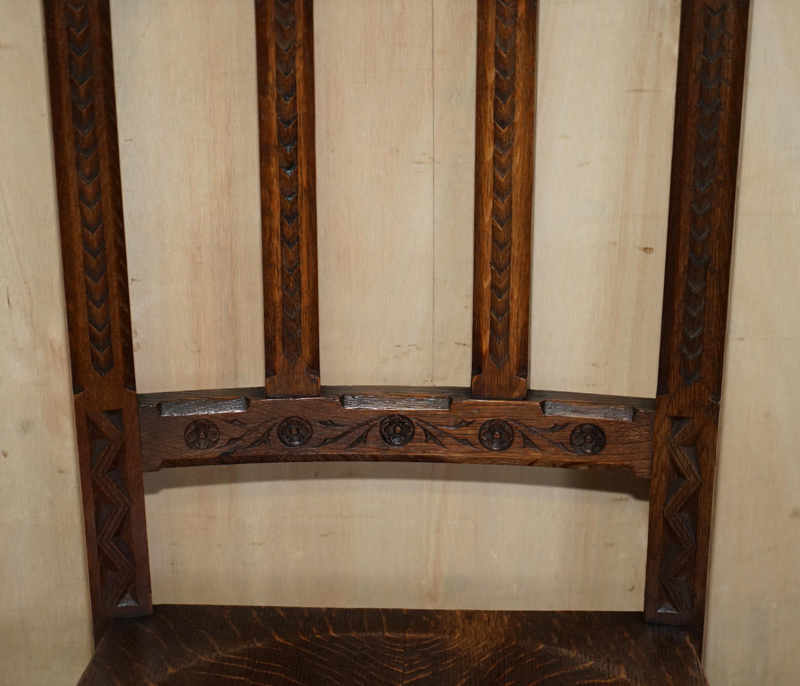 19th Century SIX ANTIQUE ORNATELY CARVED STEEPLE BACK WALNUT GOTHIC REVIVAL DiNING CHAIRS For Sale