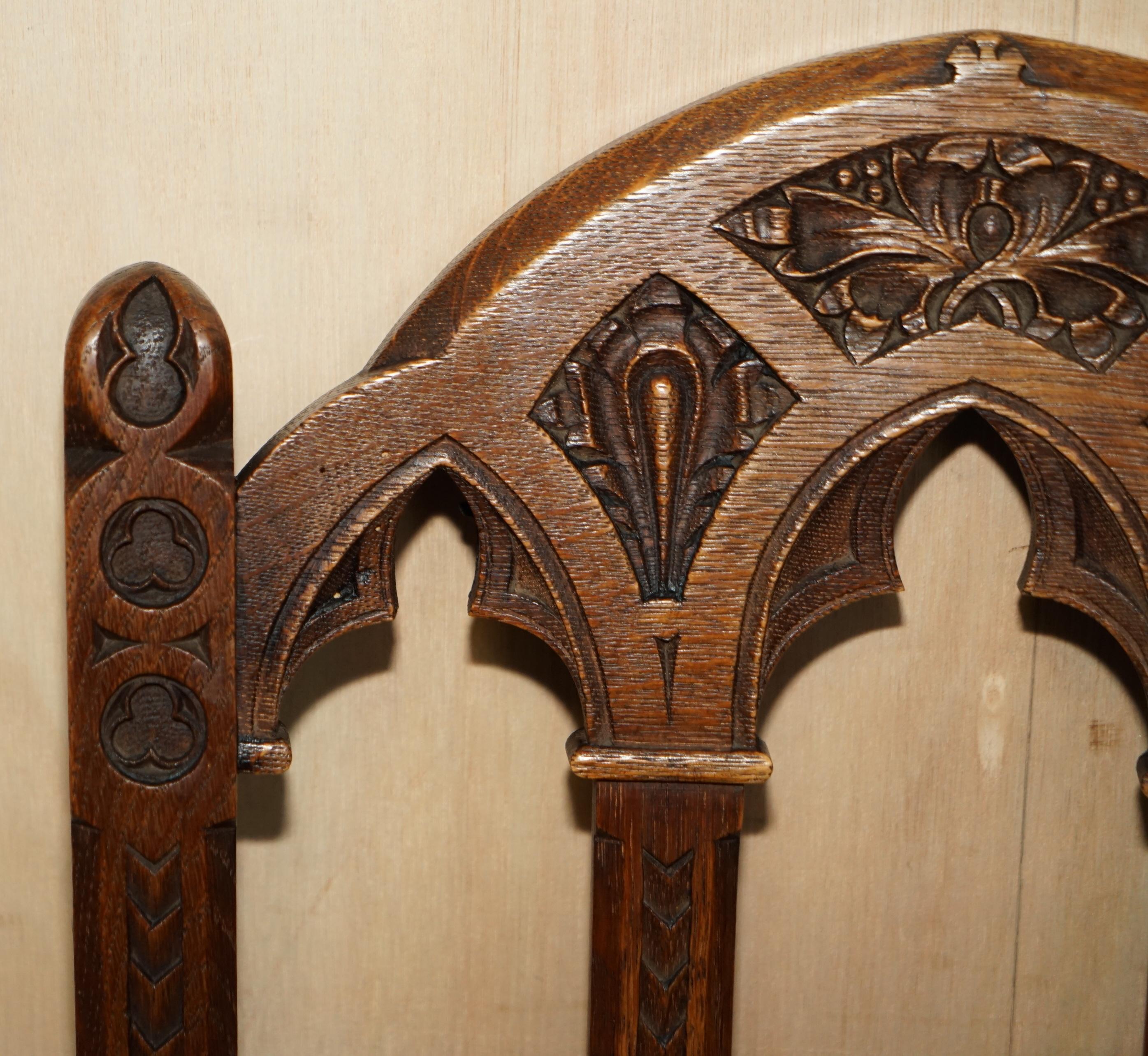 SIX ANTIQUE ORNATELY CARVED STEEPLE BACK WALNUT GOTHIC REVIVAL DiNING CHAIRS For Sale 1