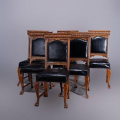 Six Antique RJ Horner School Carved Oak Tall Back Dining Chairs, c1900