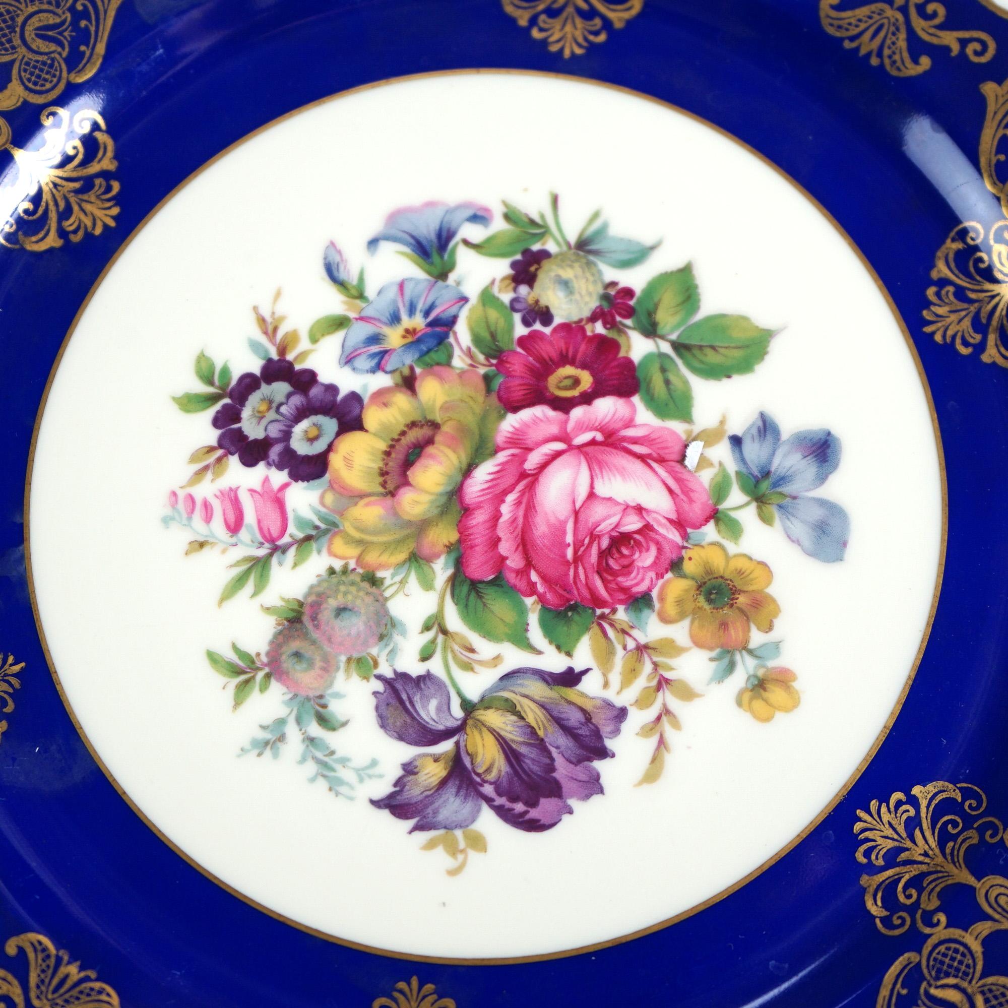 English Six Antique Rosenthal Hand Painted Floral & Gilt Ivory Porcelain Plates C1920