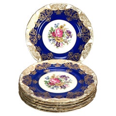 Six Antique Rosenthal Hand Painted Floral & Gilt Ivory Porcelain Plates C1920