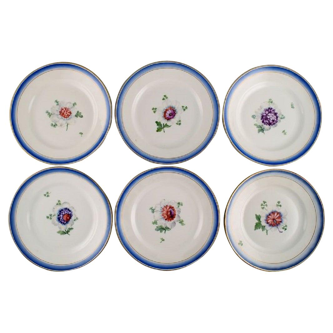 Six Antique Royal Copenhagen Plates in Hand-Painted Porcelain with Flowers