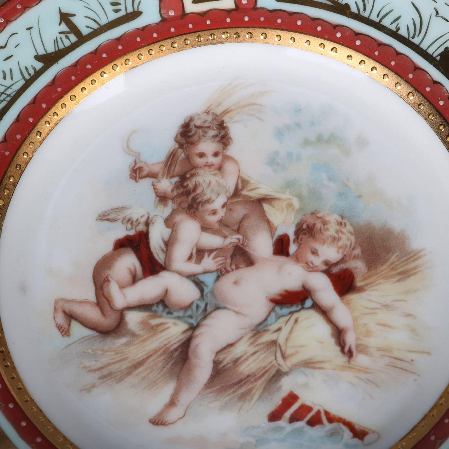 Six antique hand-painted plates by Royal Vienna feature central classical cherub scenes, borders with reserves of marsh scenes with herons and grasses including cattails, en verso blue shield or beehive mark, circa 1880.

Measure: 1