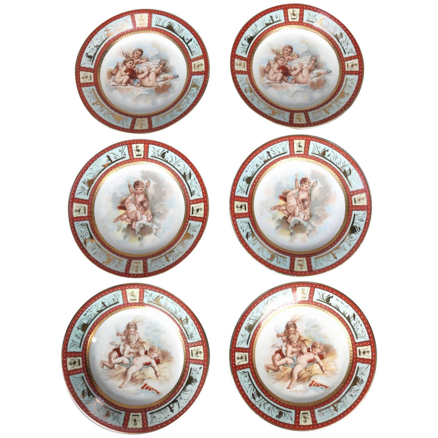 Six Antique Royal Vienna Classical Hand-Painted and Gilt Porcelain Plates