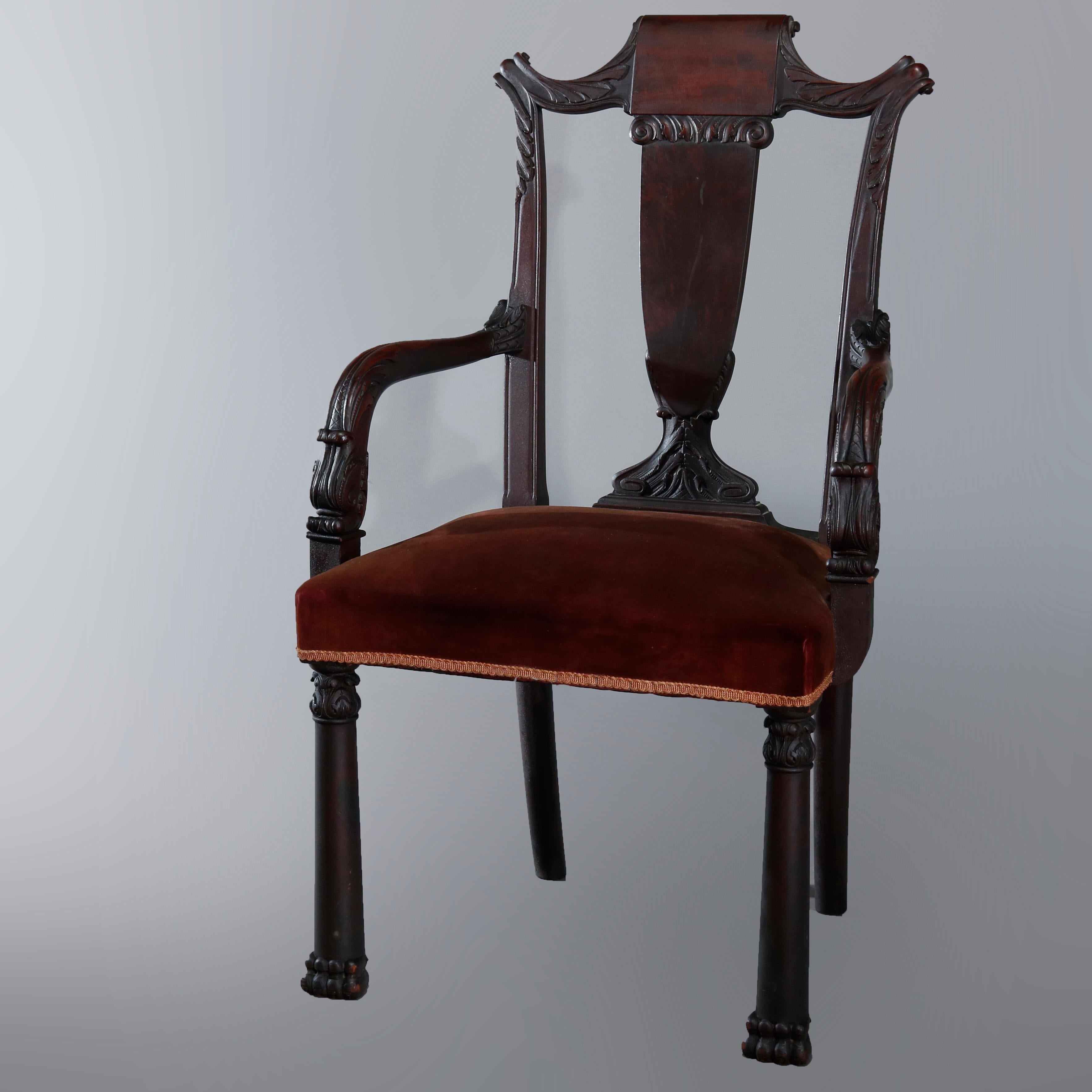 An antique set of 6 second American Empire Grecian dining chairs offer flame mahogany construction with urn form slat back having scroll and foliate elements surmounting upholstered seat raised on Greek Corinthian column-form legs terminating in