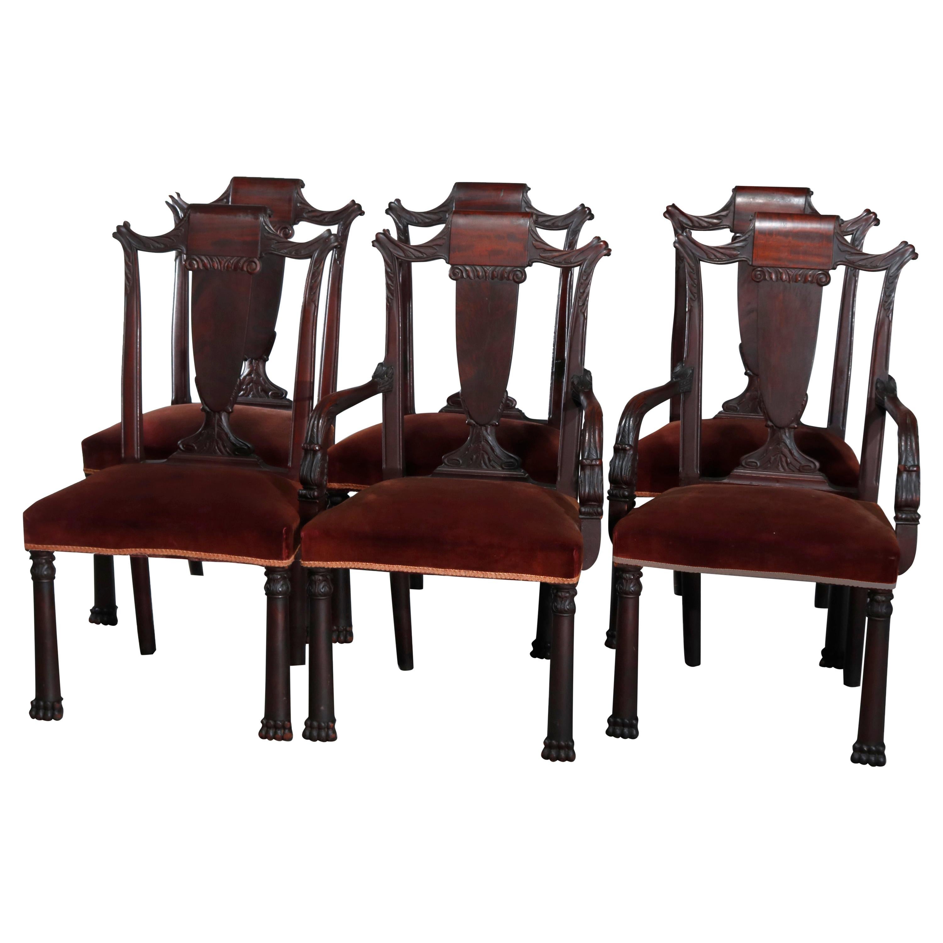 Six Antique Second American Empire Carved Flame Mahogany Dining Chairs