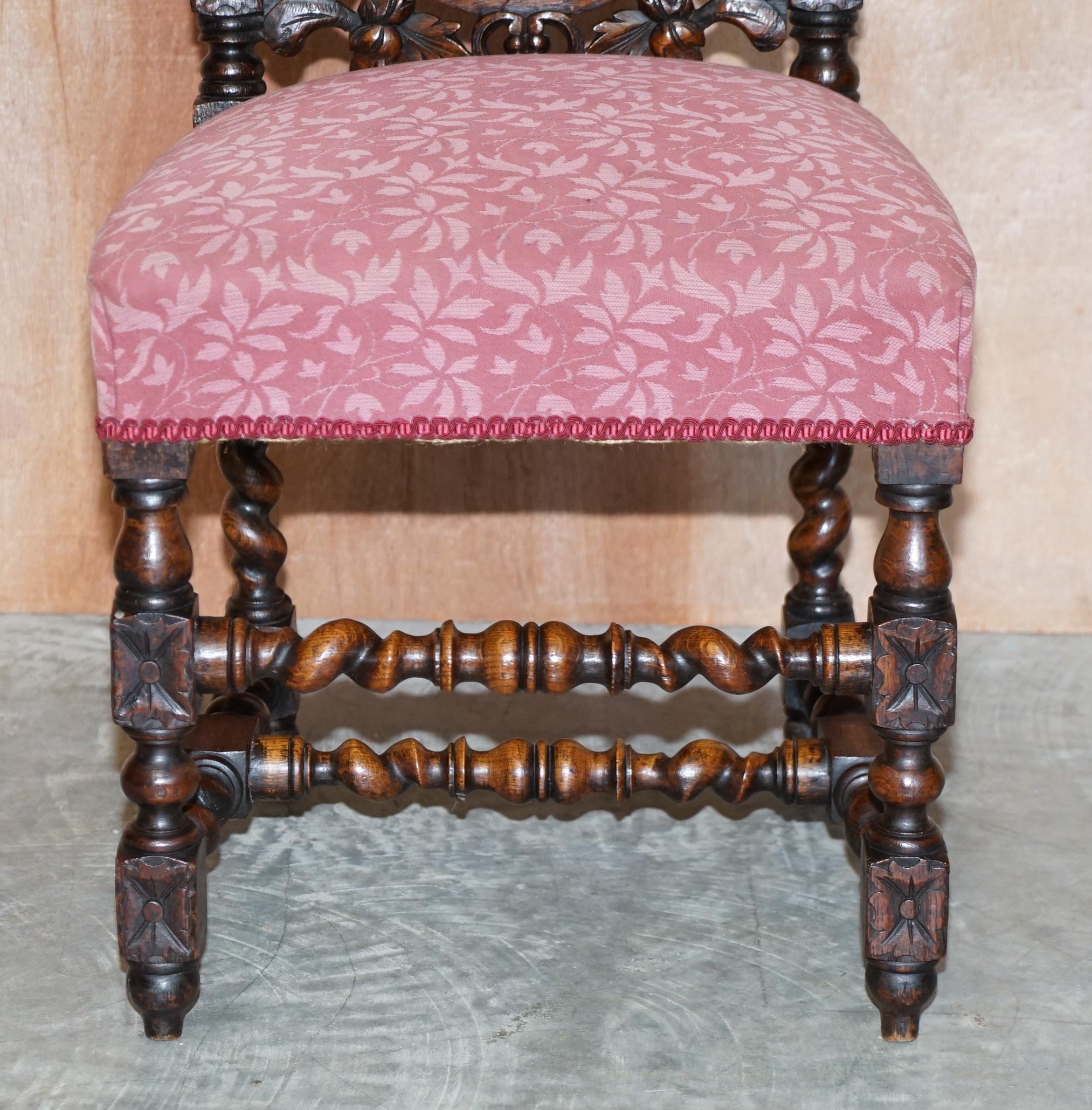Upholstery Six Antique Victorian Jacobean English Oak circa 1860 Carved Dining Chairs 6