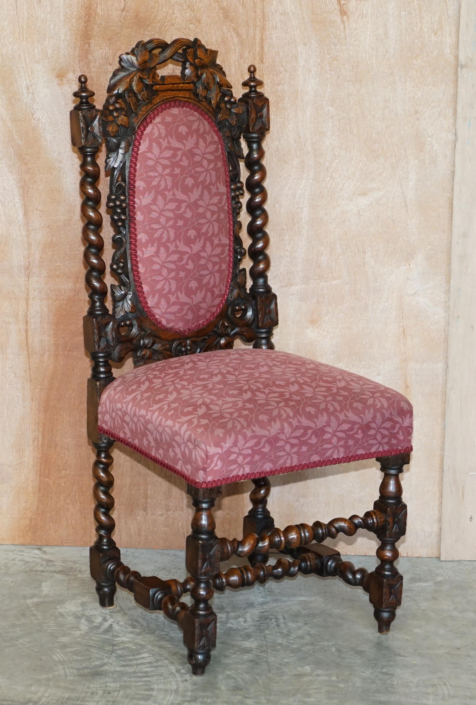 We are delighted to offer for sale this lovely suite of six Antique Victorian circa 1860-1880 hand carved English oak dining chairs with upholstered seat bases and horse hair filled seat padding. 

A good looking, decorative and well made suite,