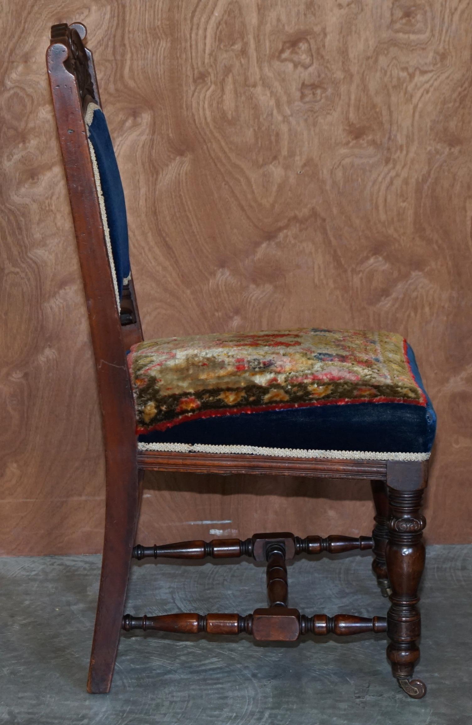 Sechs antike viktorianische türkische Esszimmerstühle aus Kelim-Teppich in Napoleonischem Blau im Angebot 3