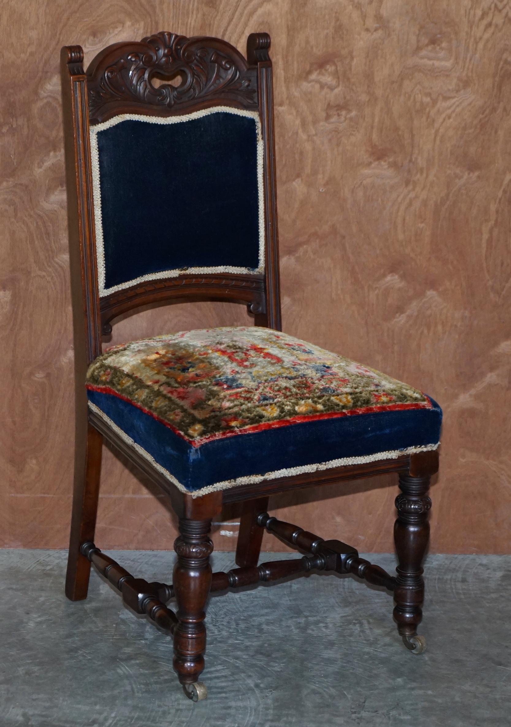 Six Antique Victorian Turkey Work Carpet Kilim Rug Napoleonic Blue Dining Chairs For Sale 6