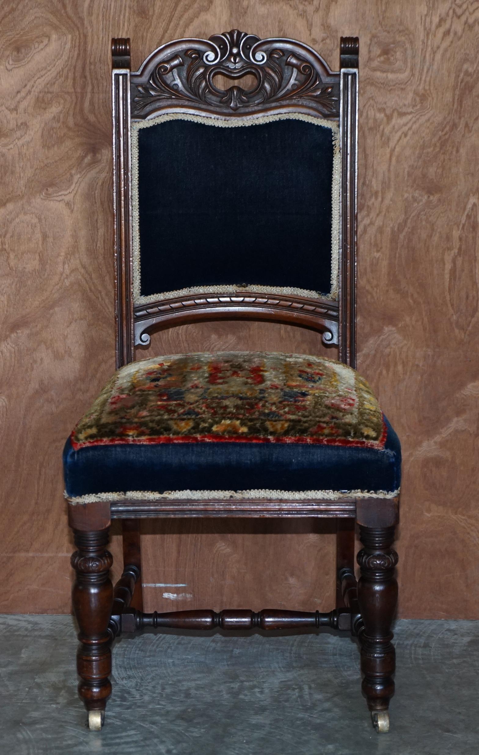 Sechs antike viktorianische türkische Esszimmerstühle aus Kelim-Teppich in Napoleonischem Blau im Angebot 8