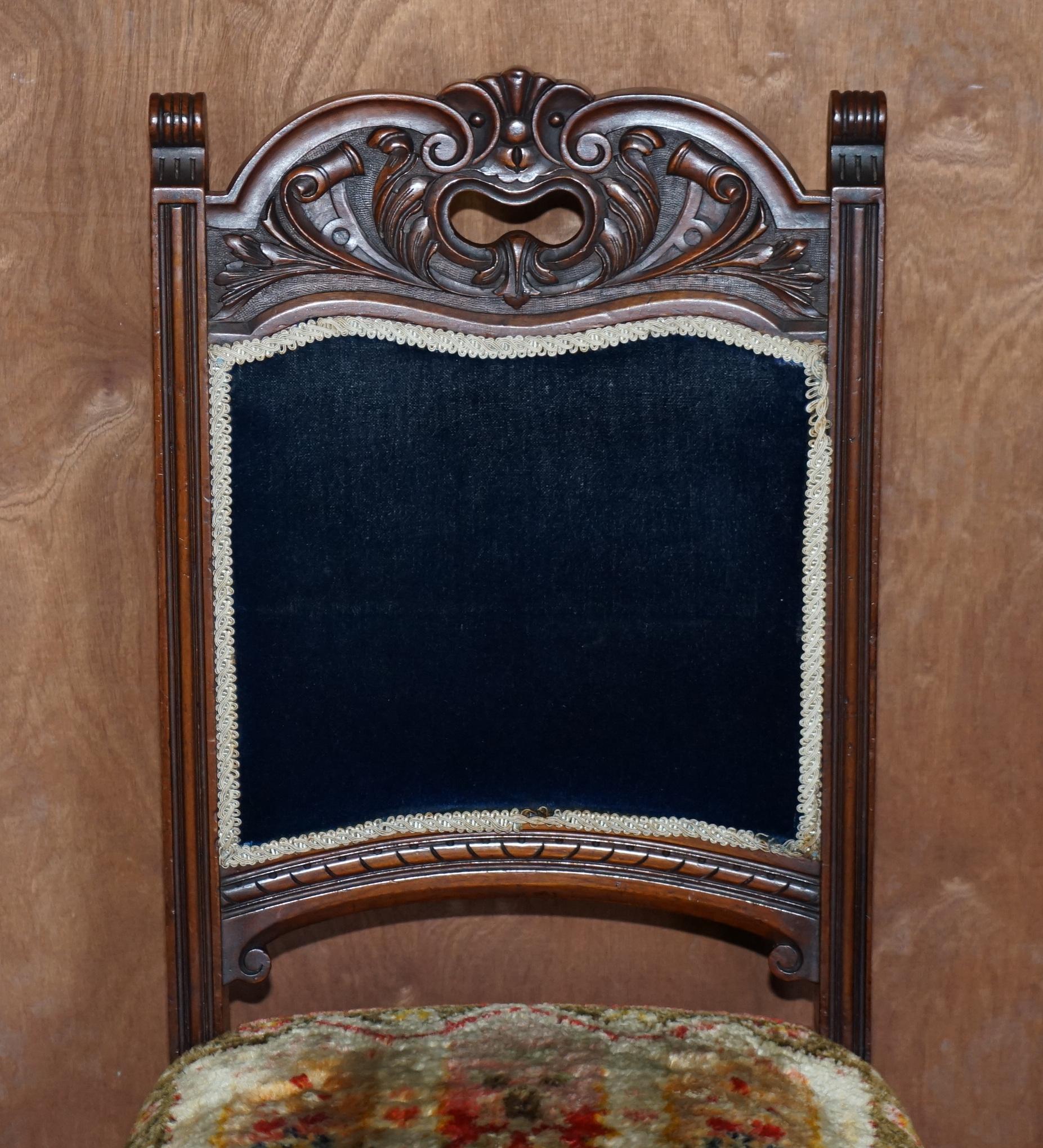 Sechs antike viktorianische türkische Esszimmerstühle aus Kelim-Teppich in Napoleonischem Blau im Angebot 9