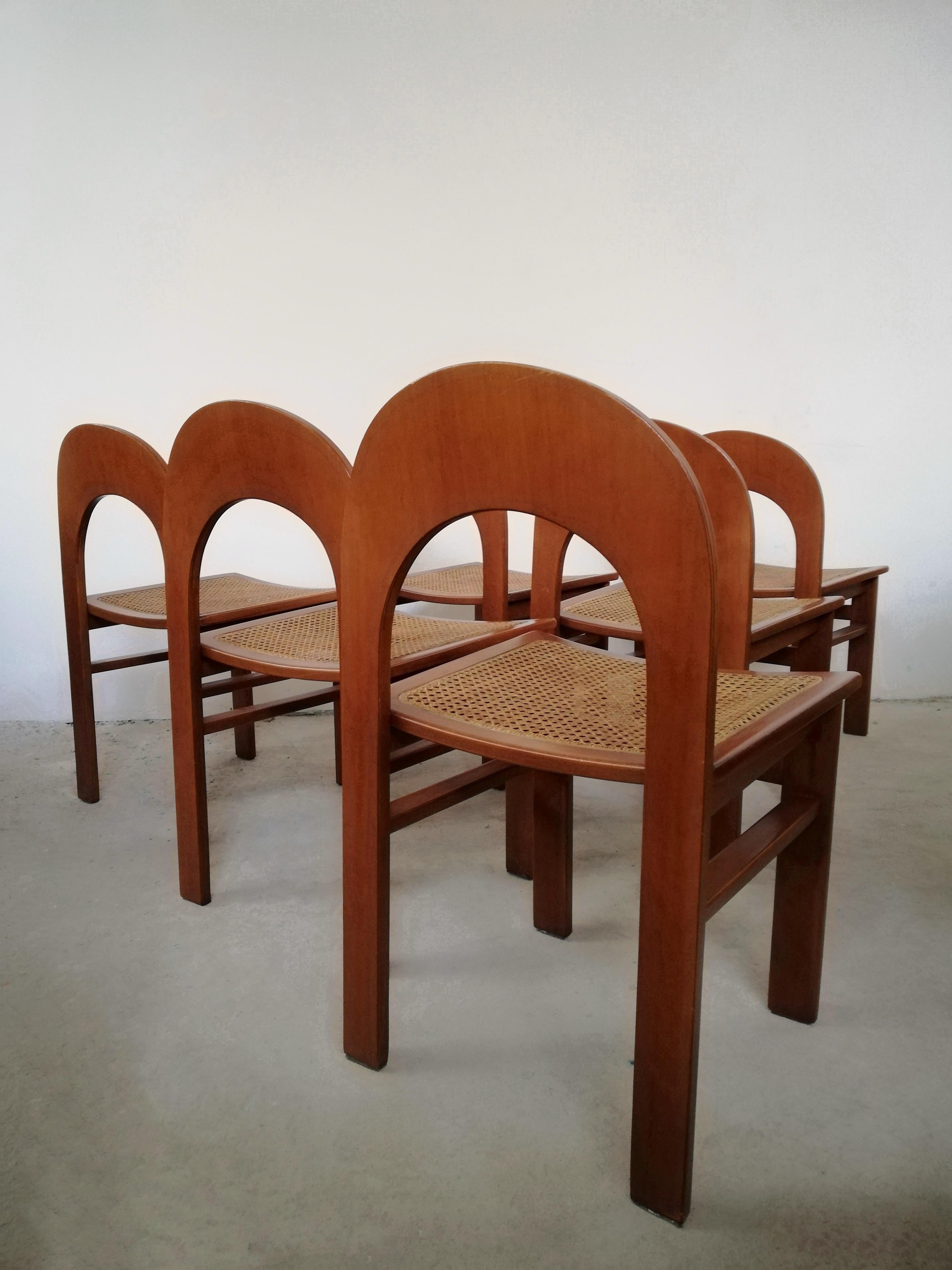 Paille Six chaises Arcadia en bois courbé et paille de A. Caraceni pour Tagliabue, 1970 en vente