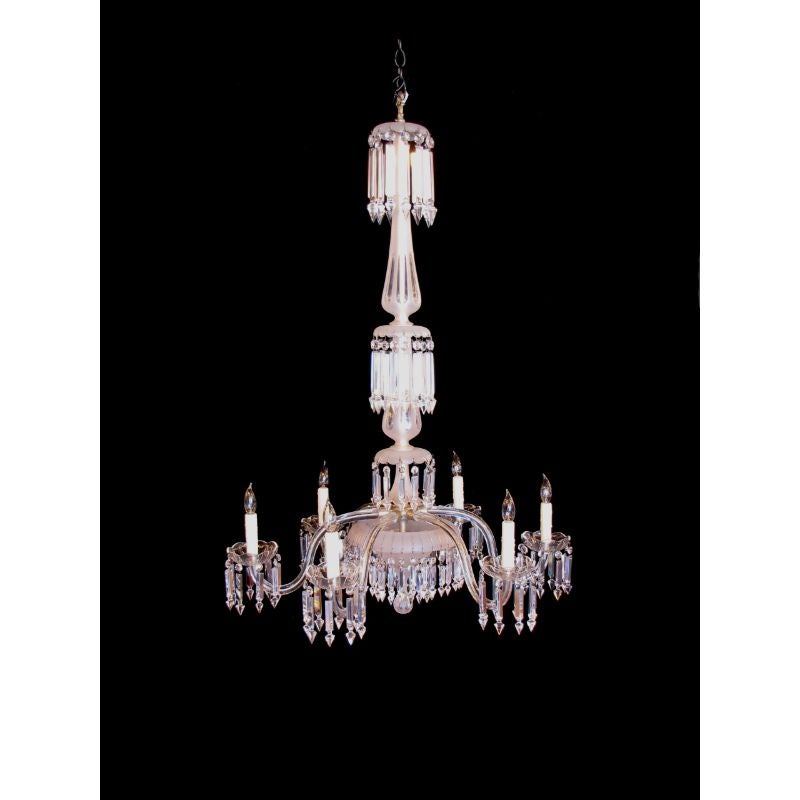 Six Arm 19th Century Crystal and Cut Frosted Glass Chandelier. Completely restored and rewired. Crystal arms and stem with silver hardware.

Period Made: Mid 19th Century
Width (Diameter): 34