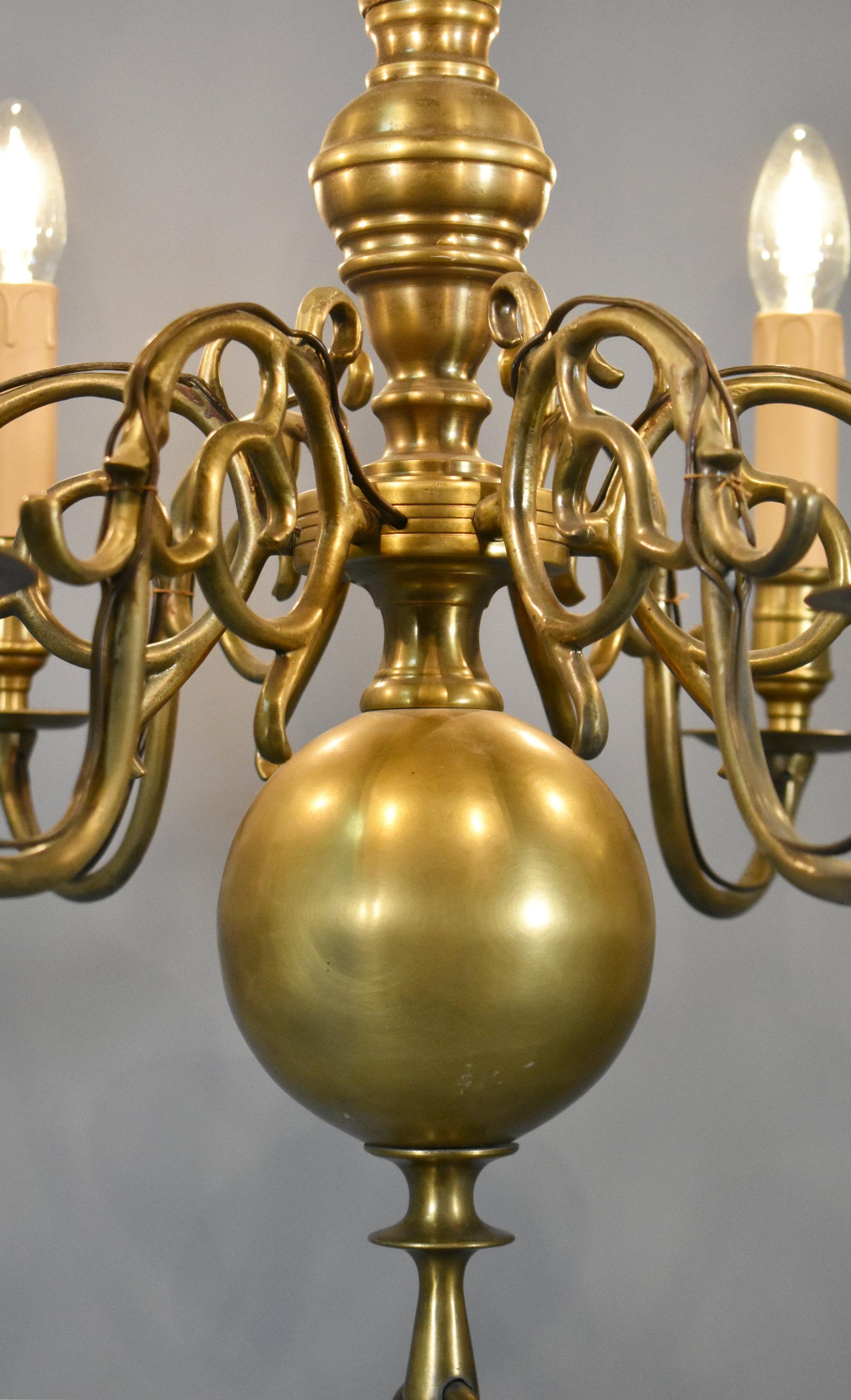 Six Arm Antique Dutch Bronze Chandelier im Angebot 6