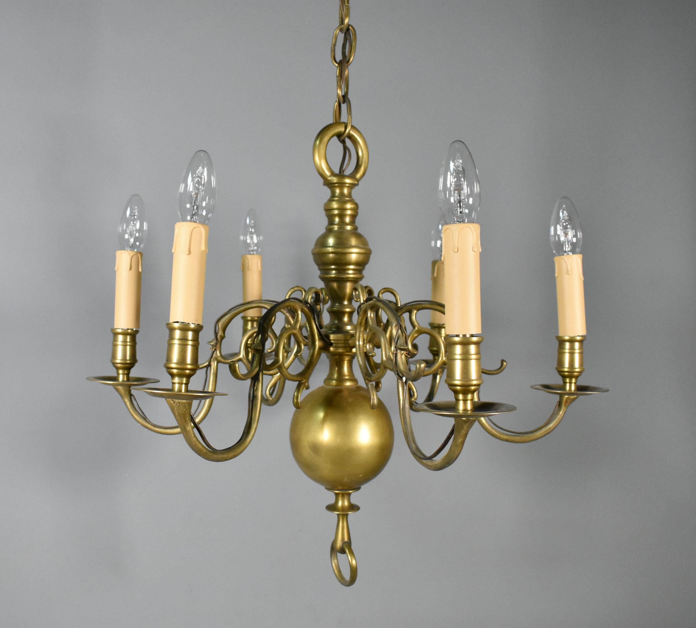 Six Arm Antique Dutch Bronze Chandelier im Angebot 8