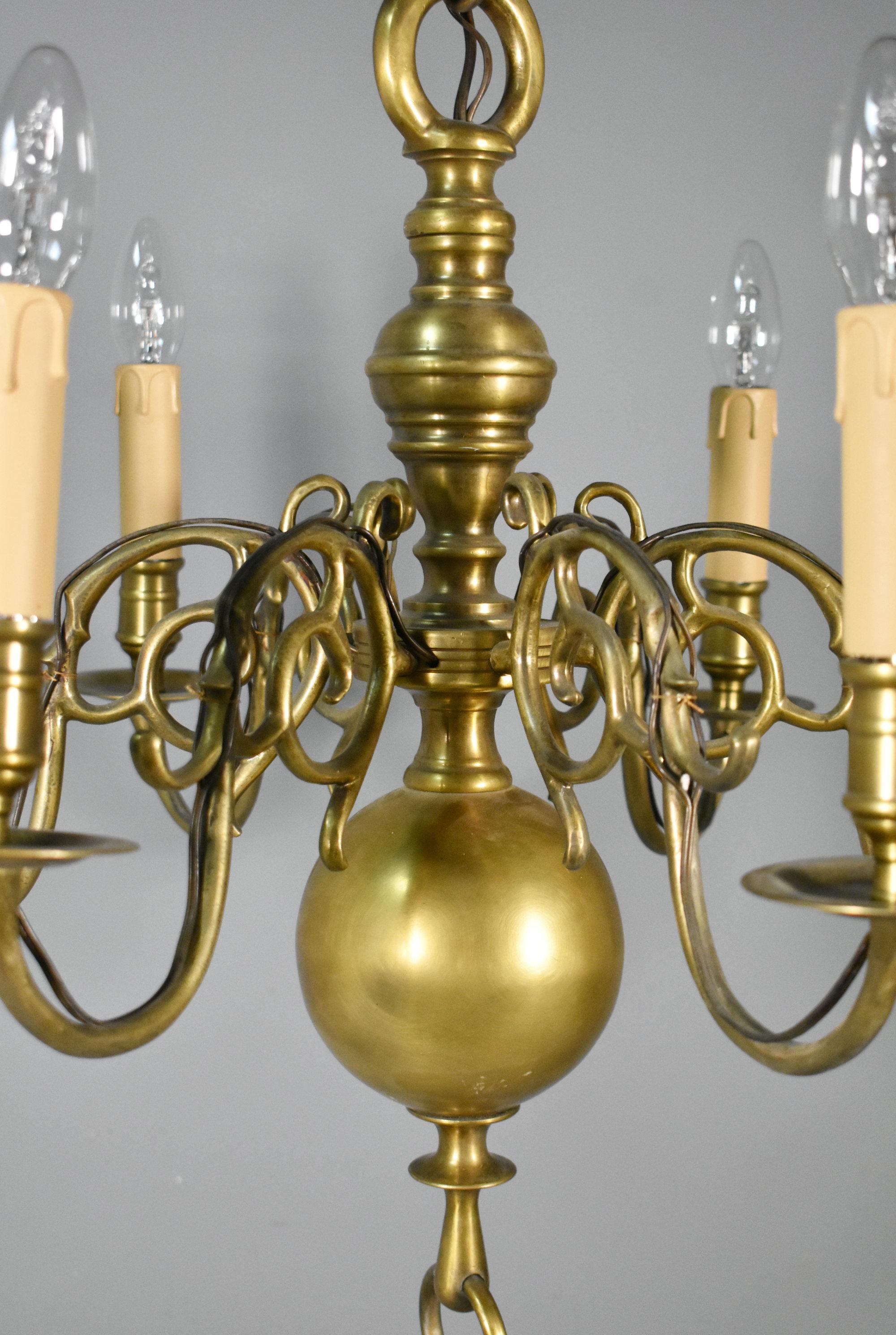 Six Arm Antique Dutch Bronze Chandelier im Angebot 2