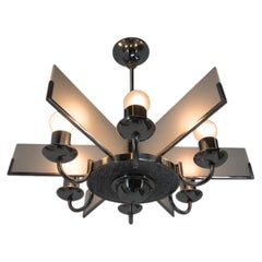 Six-Arm Art Deco Chandelier in Chrome and Sandblasted Glass, 1940s