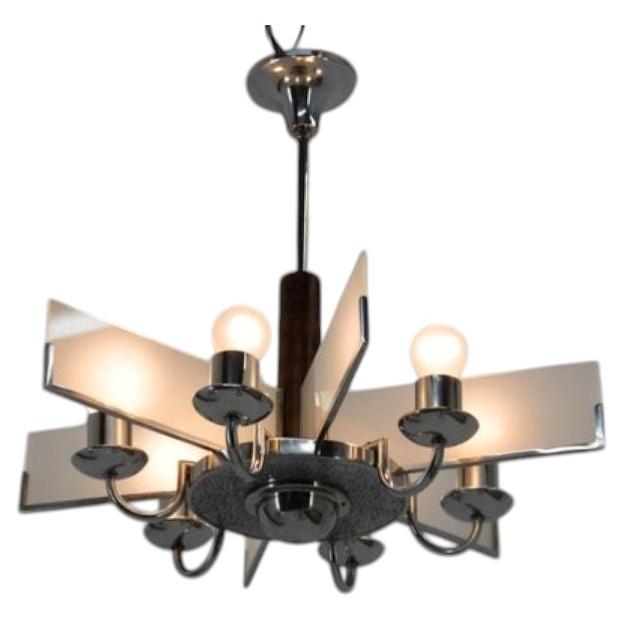 Six-Arm Art Deco Chandelier in Chrome and Sandblasted Glass, 1940s For Sale