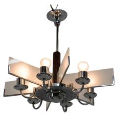 Six-Arm Art Deco Chandelier in Chrome and Sandblasted Glass, 1940s