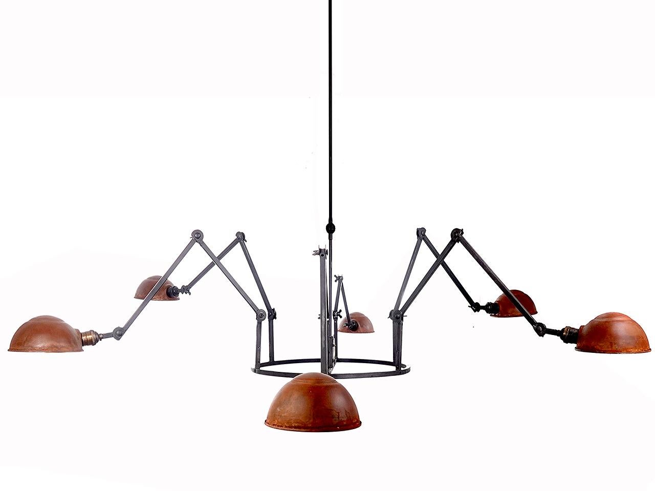Industrial Six Arm Articulating Spider Chandelier For Sale