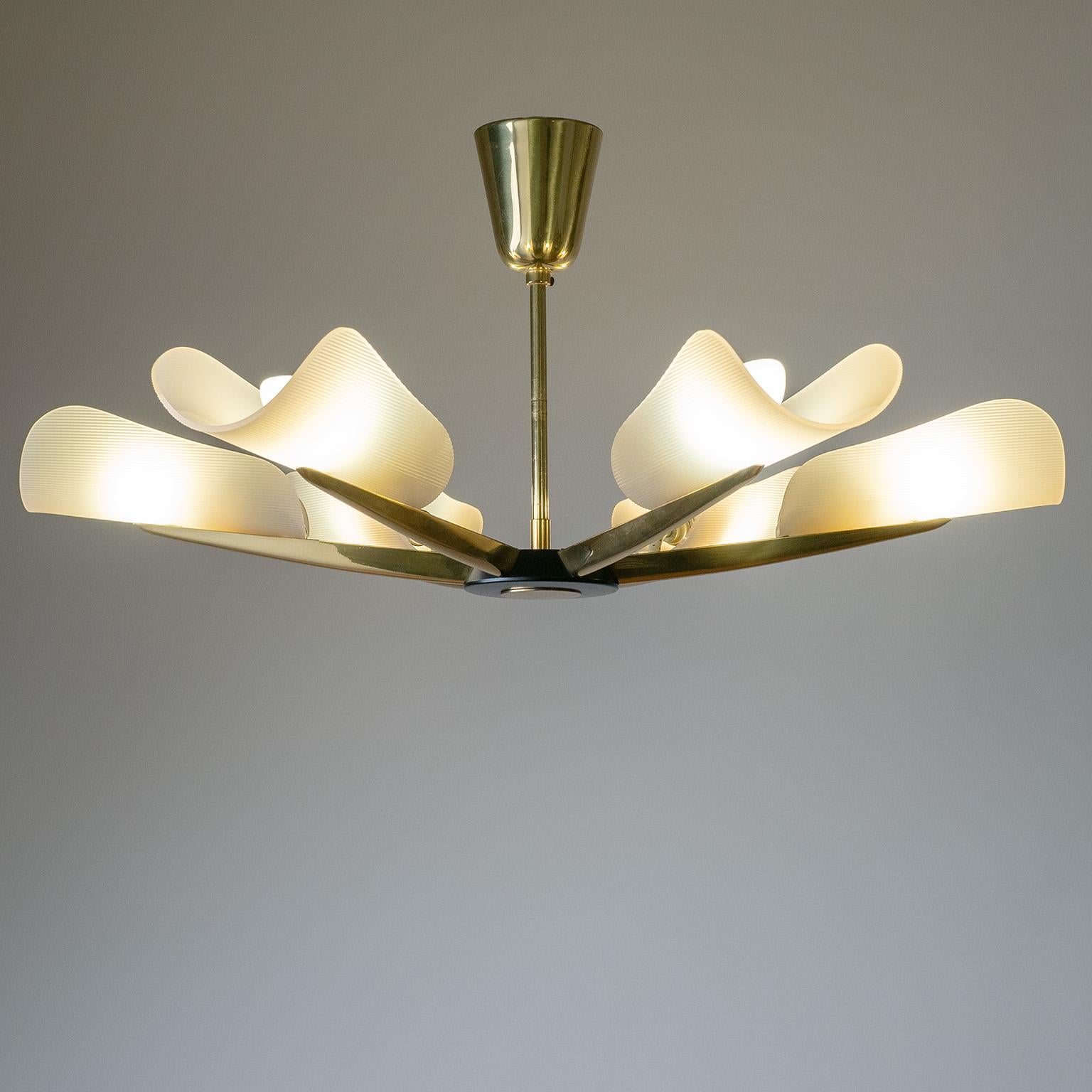 German Six-Arm Brass and Acrylic Ceiling Light, 1960s