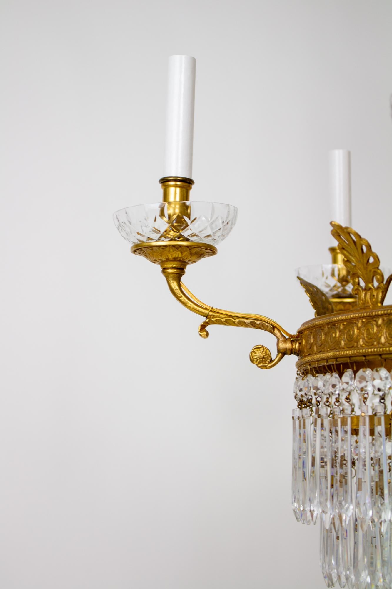 Six Arm Brass and Crystal Empire style Chandelier For Sale 4