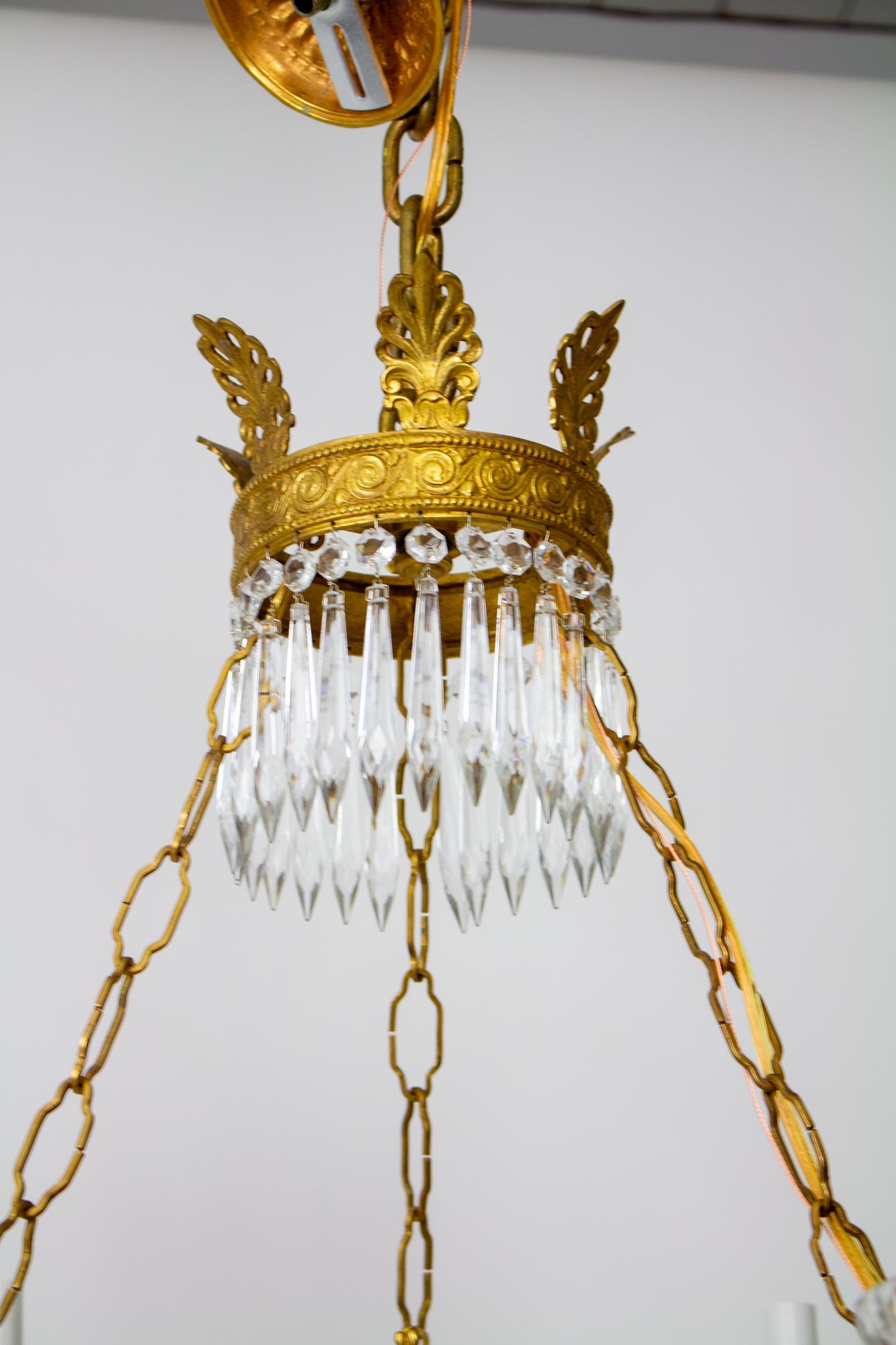Six Arm Brass and Crystal Empire style Chandelier For Sale 5