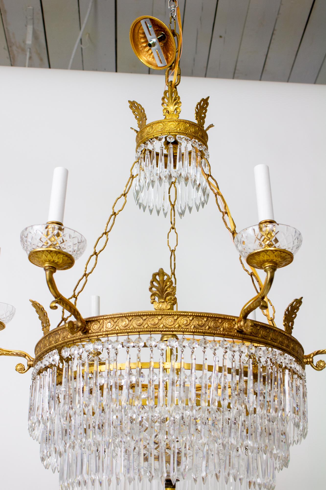 Six Arm Brass and Crystal Empire style Chandelier For Sale 1