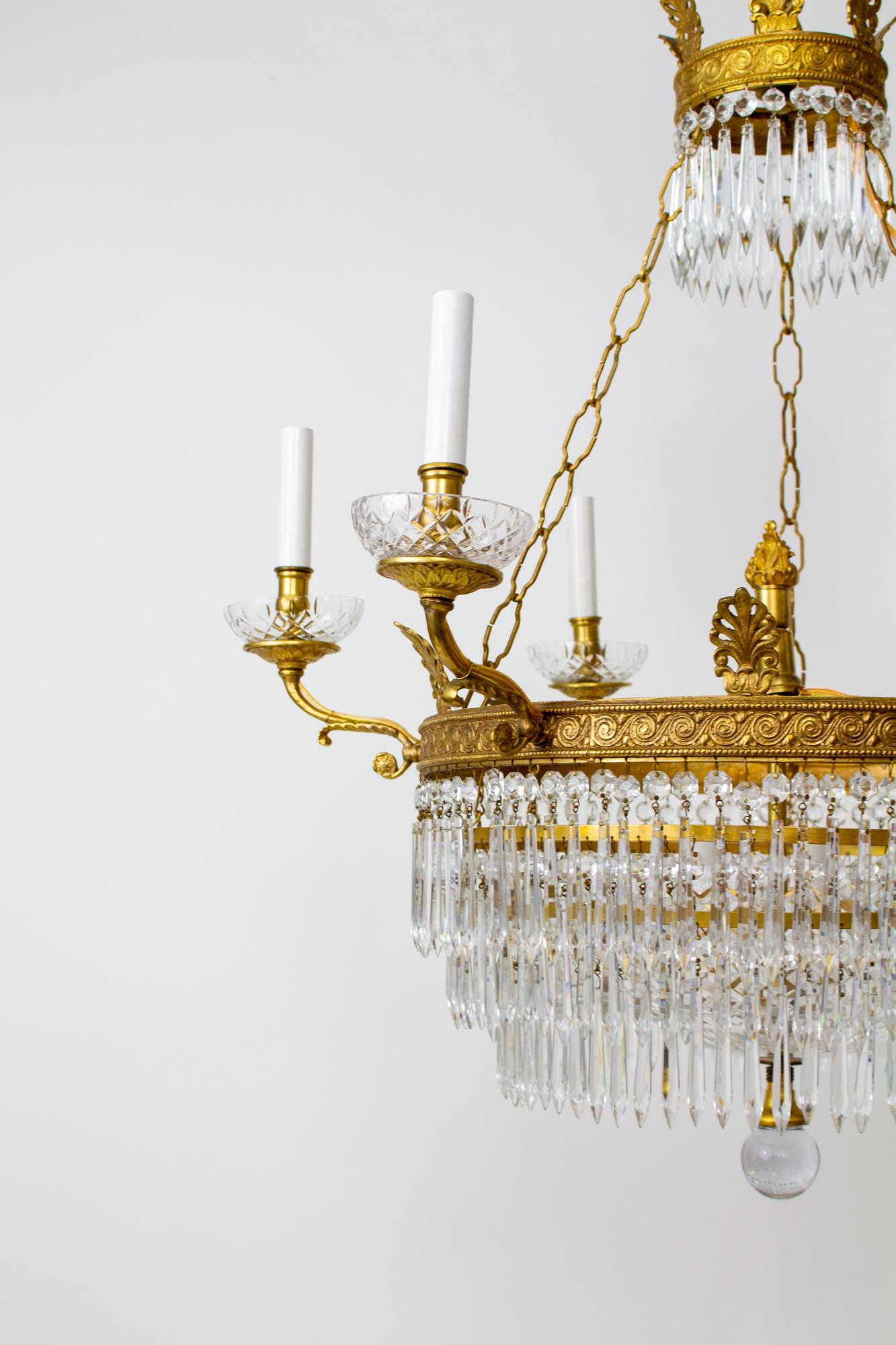 Six Arm Brass and Crystal Empire style Chandelier For Sale 2