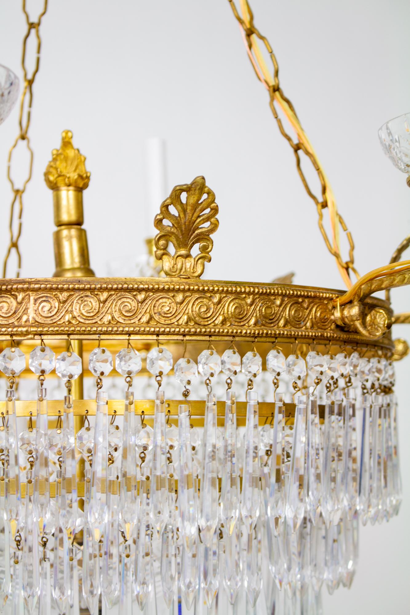 Six Arm Brass and Crystal Empire style Chandelier For Sale 3