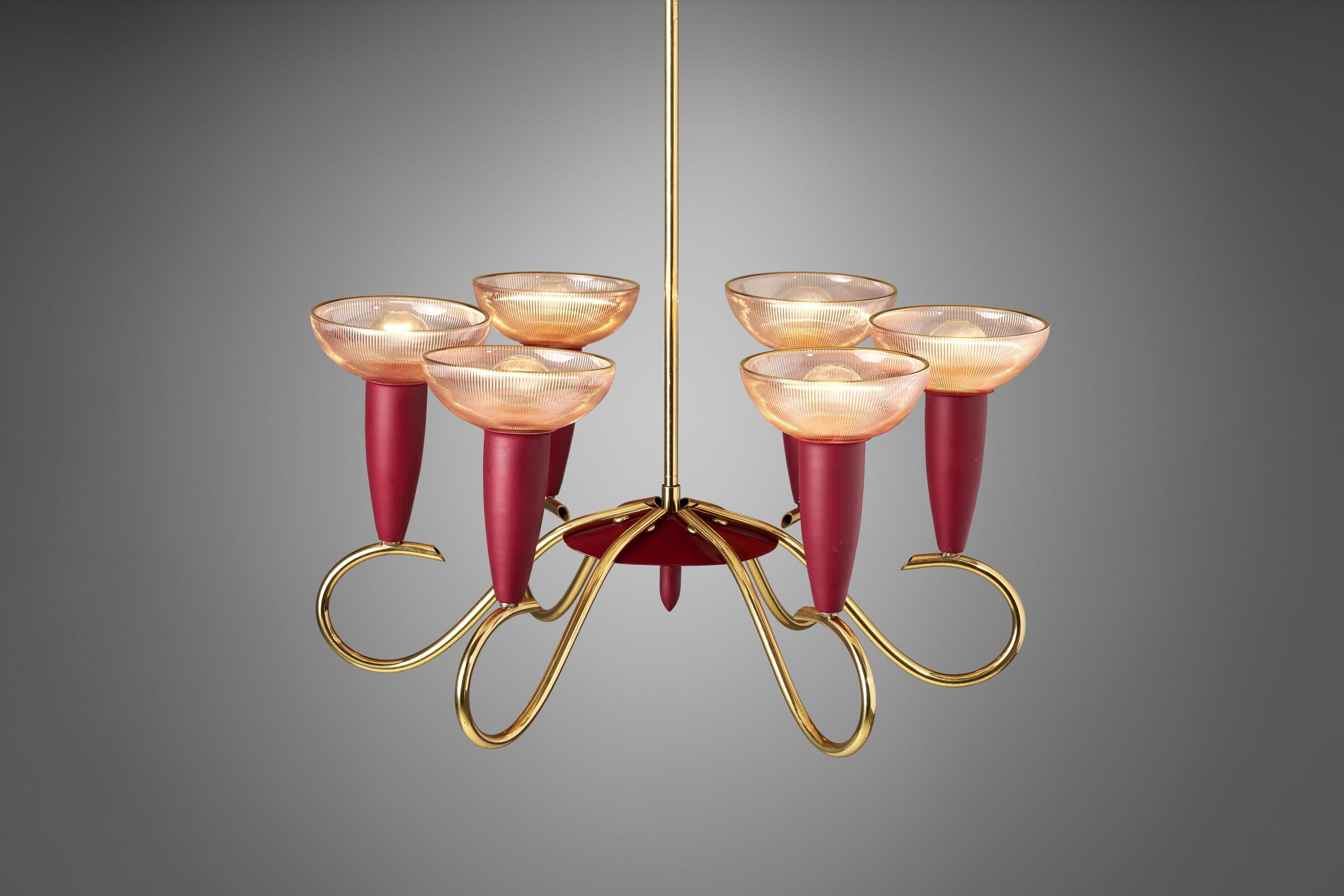 Scandinavian Six-Arm Brass and Metal Chandelier, Scandinavia, 1960s For Sale