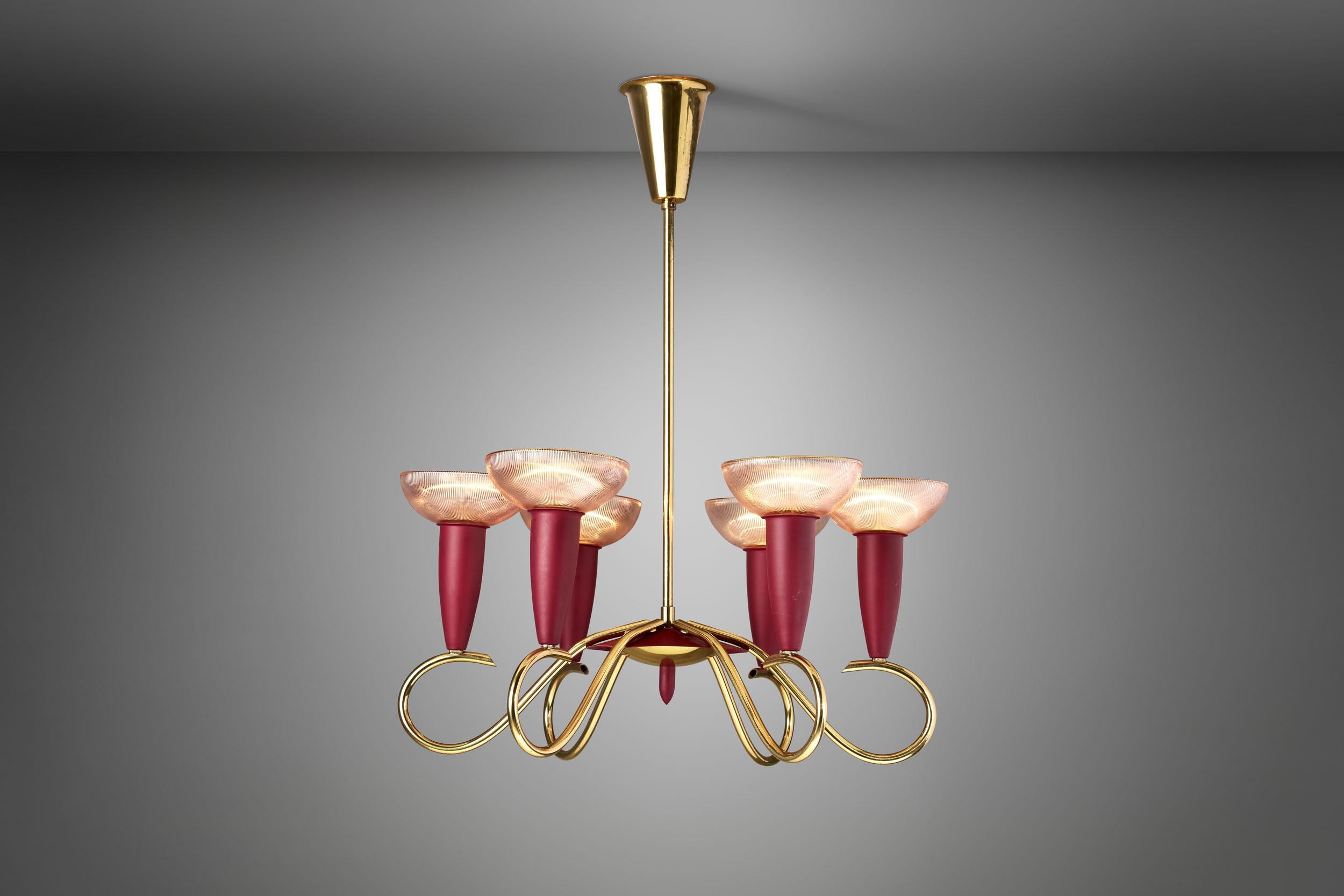 Mid-20th Century Six-Arm Brass and Metal Chandelier, Scandinavia, 1960s For Sale