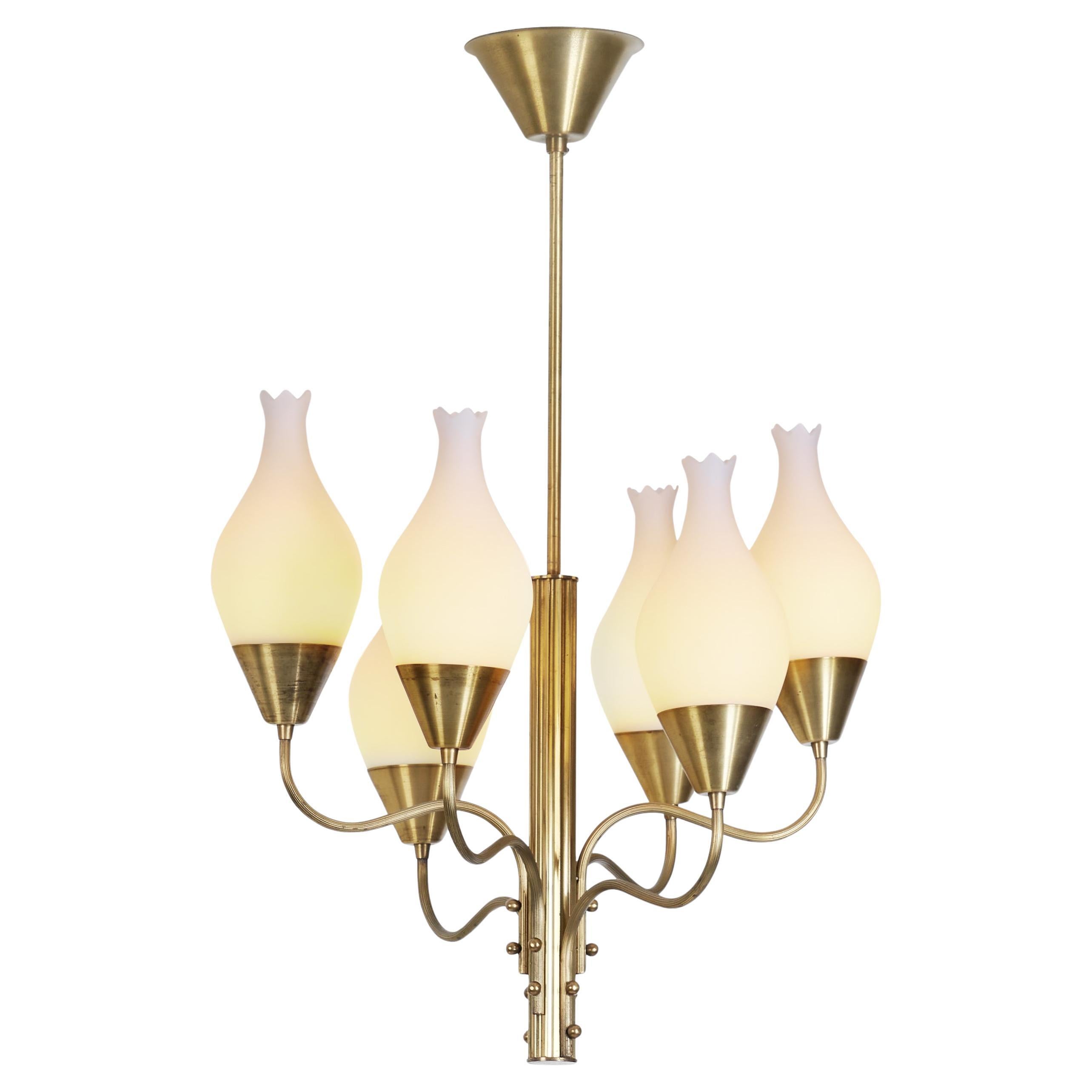 Six-Arm Brass and Opal Glass Chandelier, Sweden ca 1950s