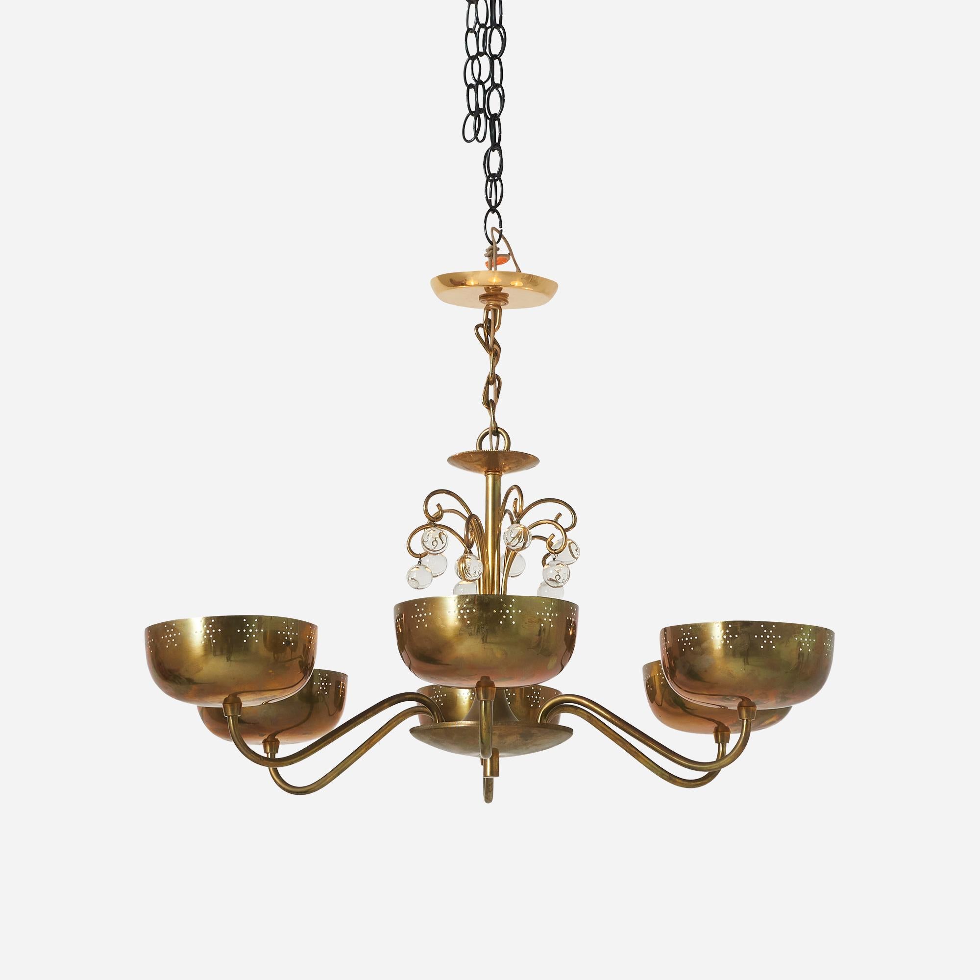 Modern Six-Arm Brass Chandelier Attributed to Paavo Tynell