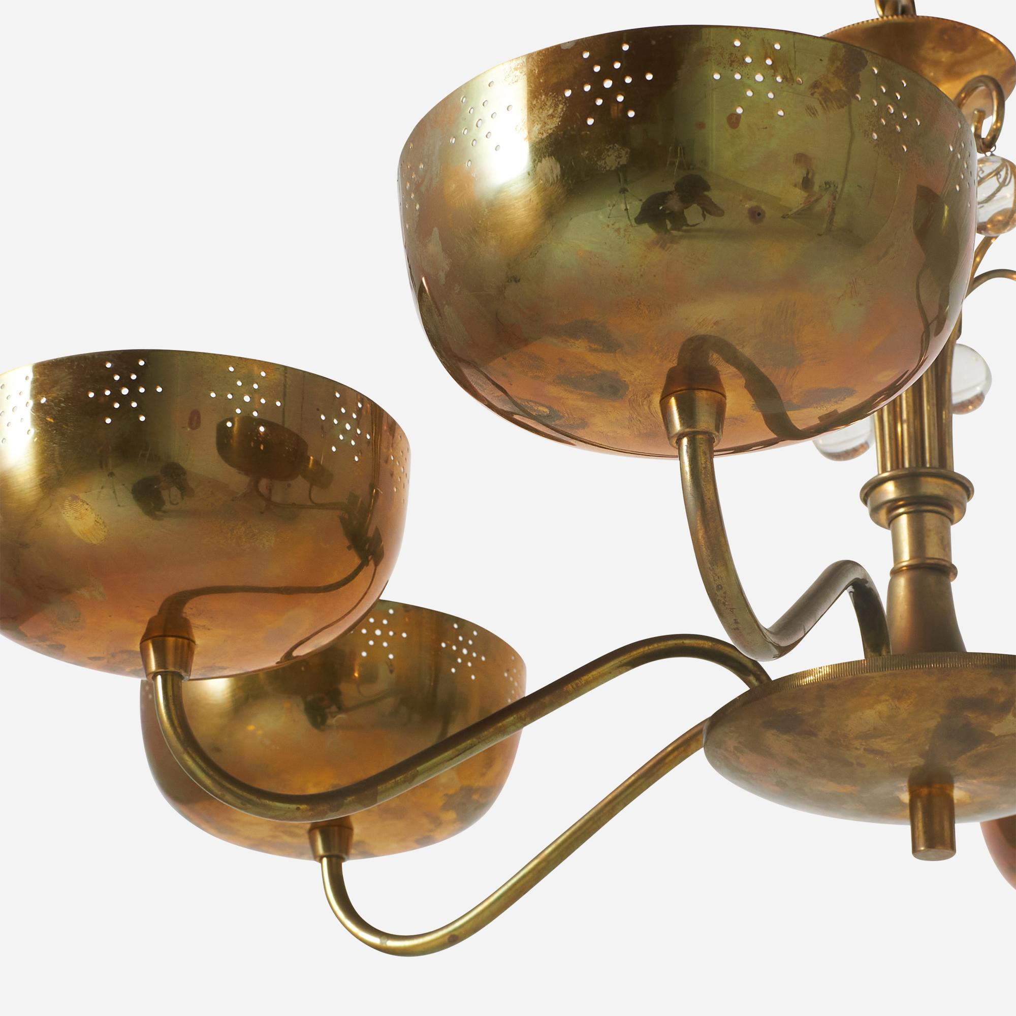 Finnish Six-Arm Brass Chandelier Attributed to Paavo Tynell