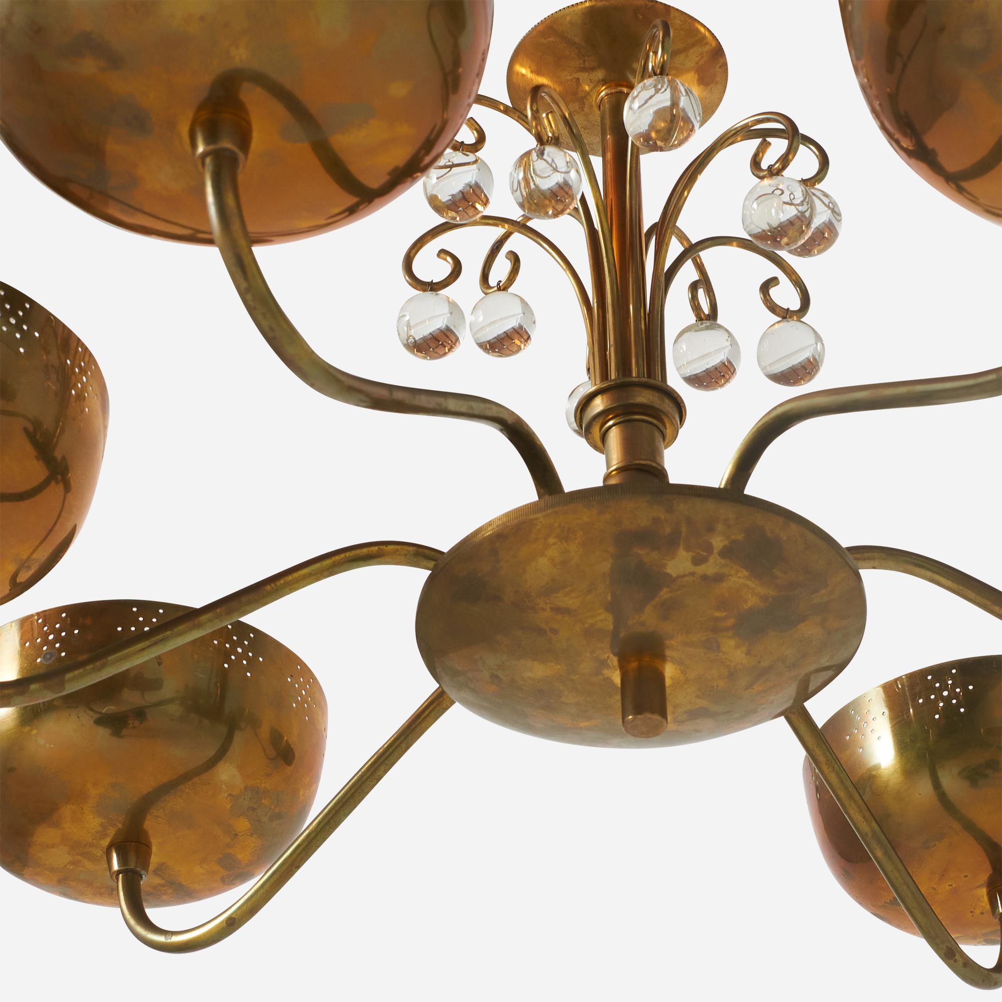 Six-Arm Brass Chandelier Attributed to Paavo Tynell In Good Condition In San Francisco, CA
