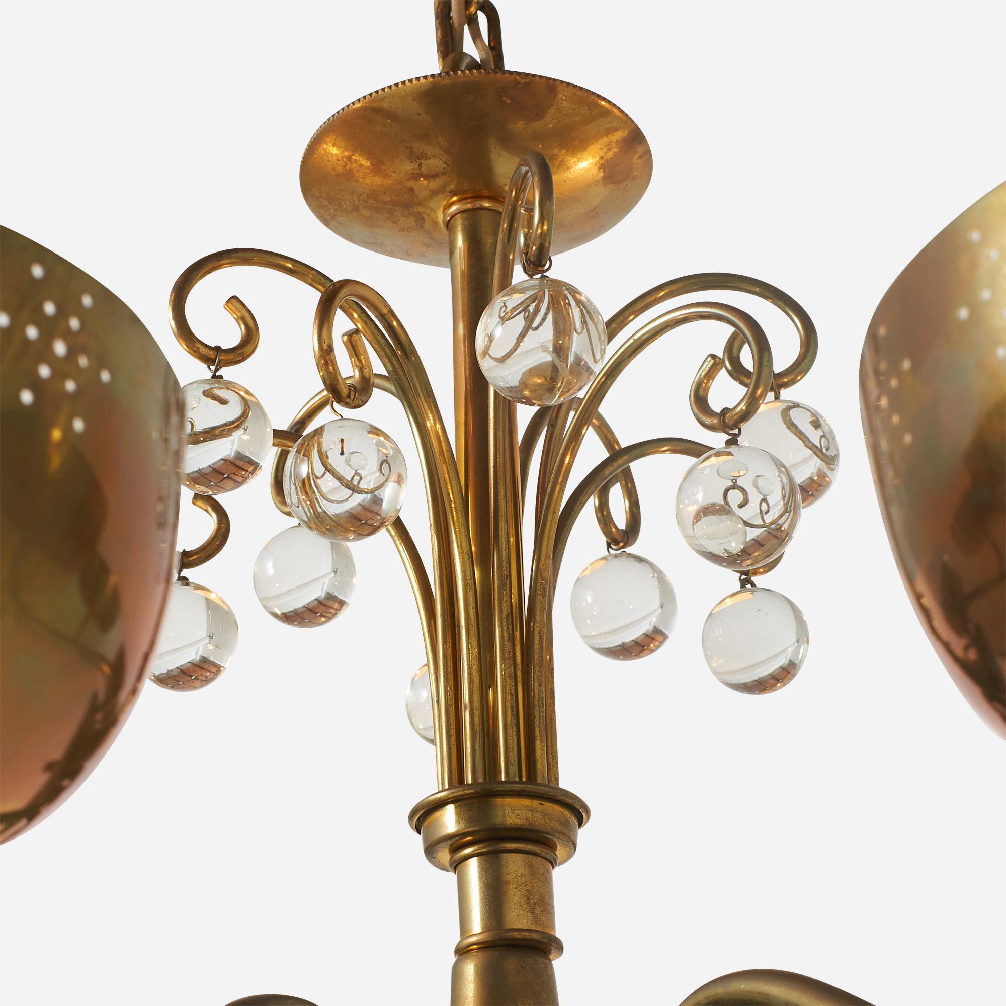 Mid-20th Century Six-Arm Brass Chandelier Attributed to Paavo Tynell