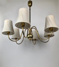 Six Arm chandelier in Brass from Josef Frank with Silk Shades, made in Austria