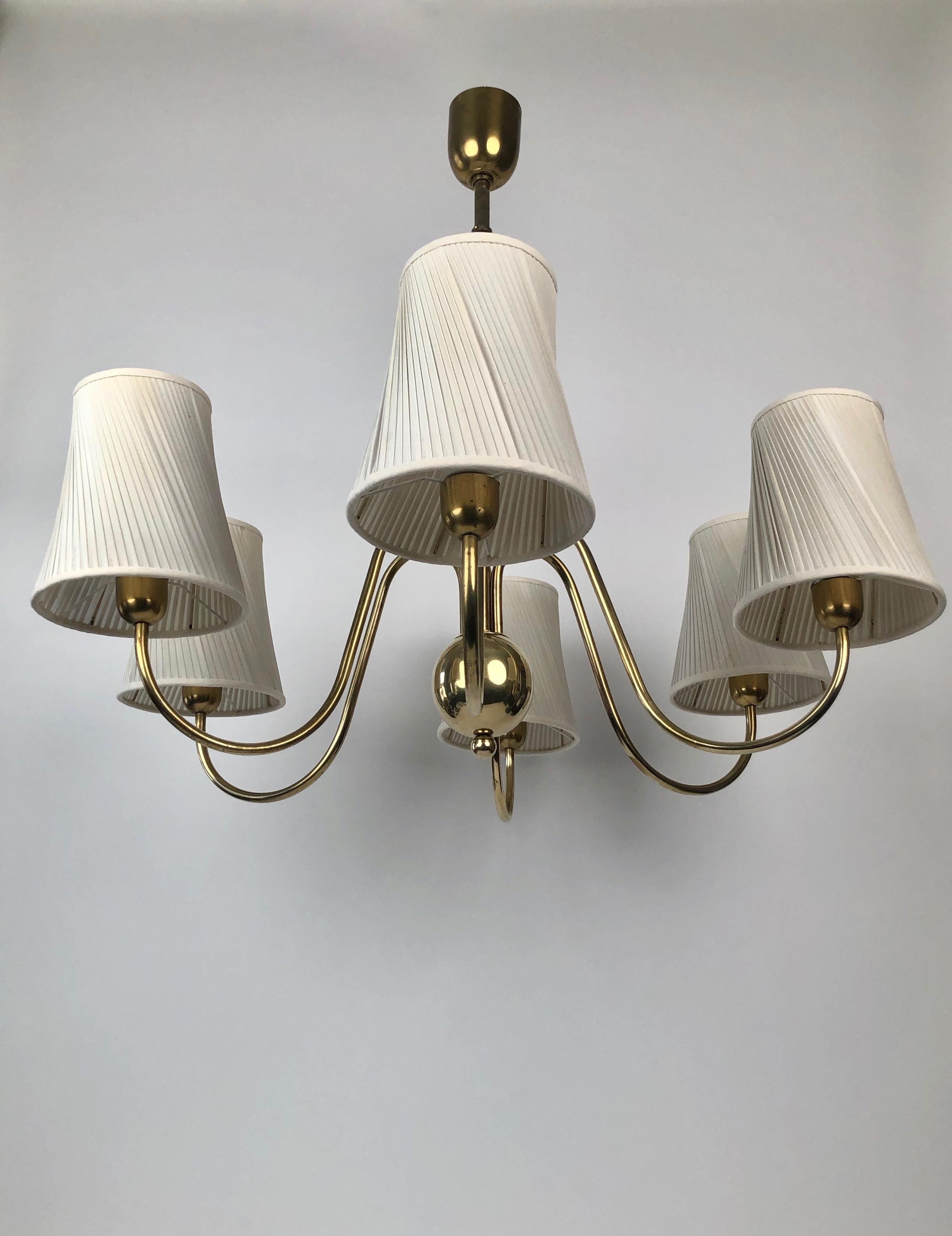 Art Deco Six Arm chandelier in Brass from Josef Frank with Silk Shades, made in Austria For Sale